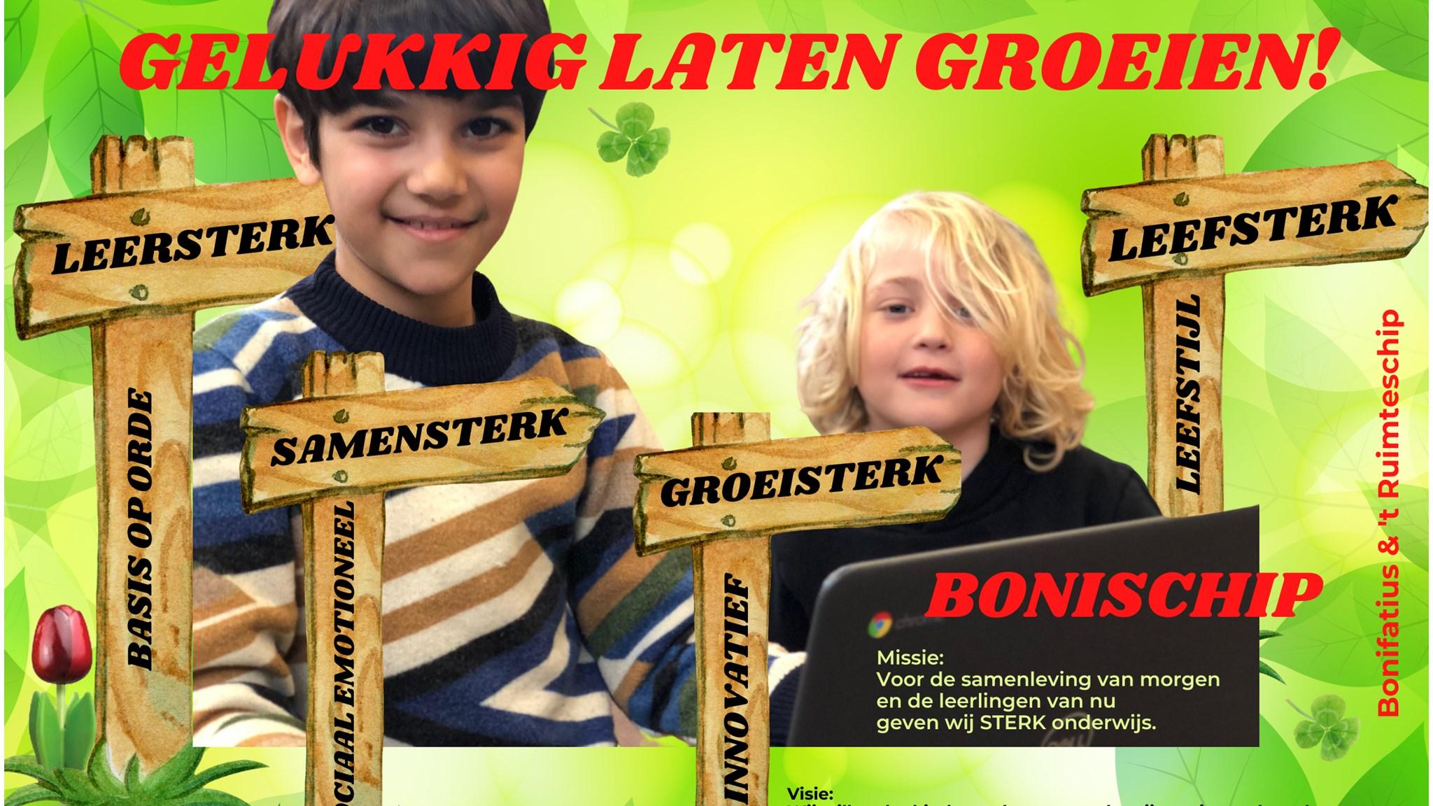 Kinderen op Basisschool Bonifatius in Spanbroek met borden die groei en samenwerking benadrukken. Kinderen op Basisschool Bonifatius in Spanbroek met borden die groei en samenwerking benadrukken.