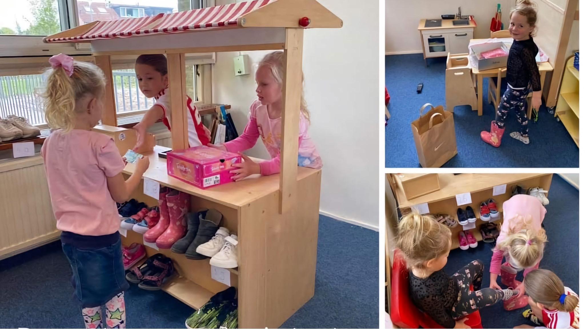 Kinderen spelen en leren in de winkelhoek van Communityschool De Kameleon in Zwanenburg.