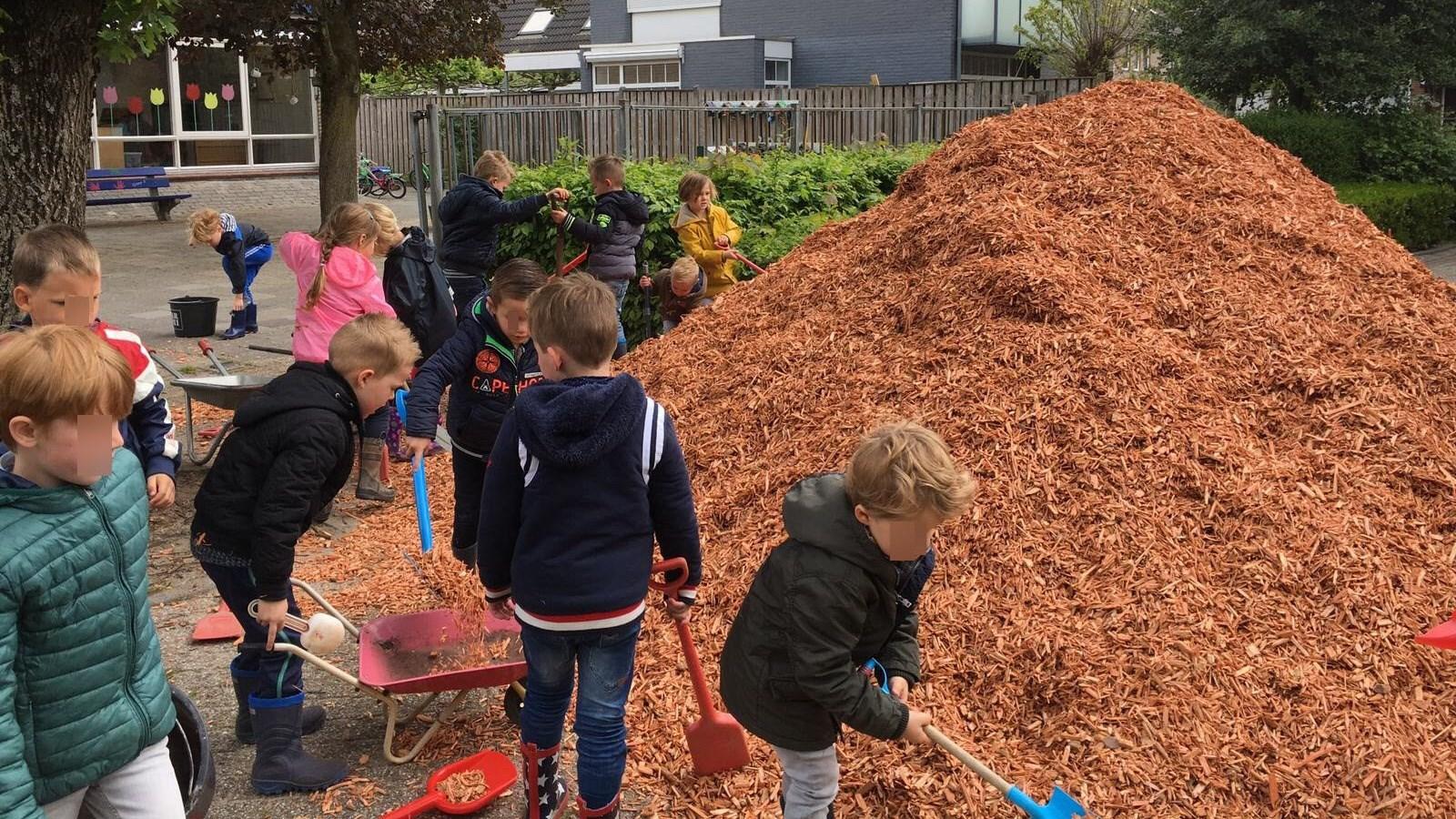 Kinderen spelen en werken op het schoolplein van Protestants Christelijke Basisschool De Wegwijzer in ’s Gravenmoer met houtsnippers. Kinderen spelen en werken op het schoolplein van Protestants Christelijke Basisschool De Wegwijzer in ’s Gravenmoer met houtsnippers.