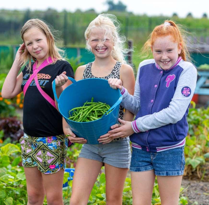 Kinderen van de Antoniusschool in Kudelstaart poseren met een emmer met groene bonen in de tuin. Kinderen van de Antoniusschool in Kudelstaart poseren met een emmer met groene bonen in de tuin.