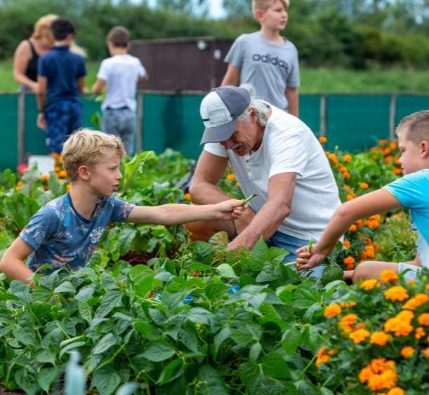 Kinderen van de Antoniusschool in Kudelstaart werken in de moestuin met een begeleider. Kinderen van de Antoniusschool in Kudelstaart werken in de moestuin met een begeleider.
