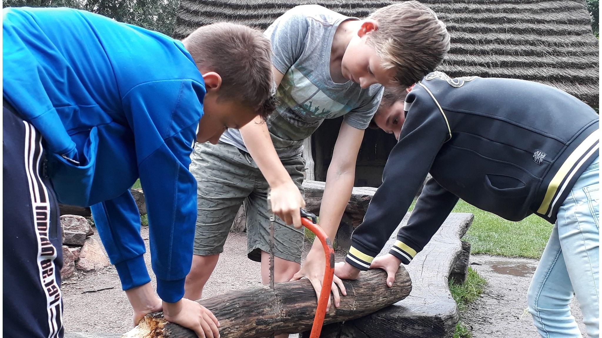 Kinderen van IKC De Stek in Est zijn bezig met het zagen van een boomstronk op het schoolplein. Kinderen van IKC De Stek in Est zijn bezig met het zagen van een boomstronk op het schoolplein.