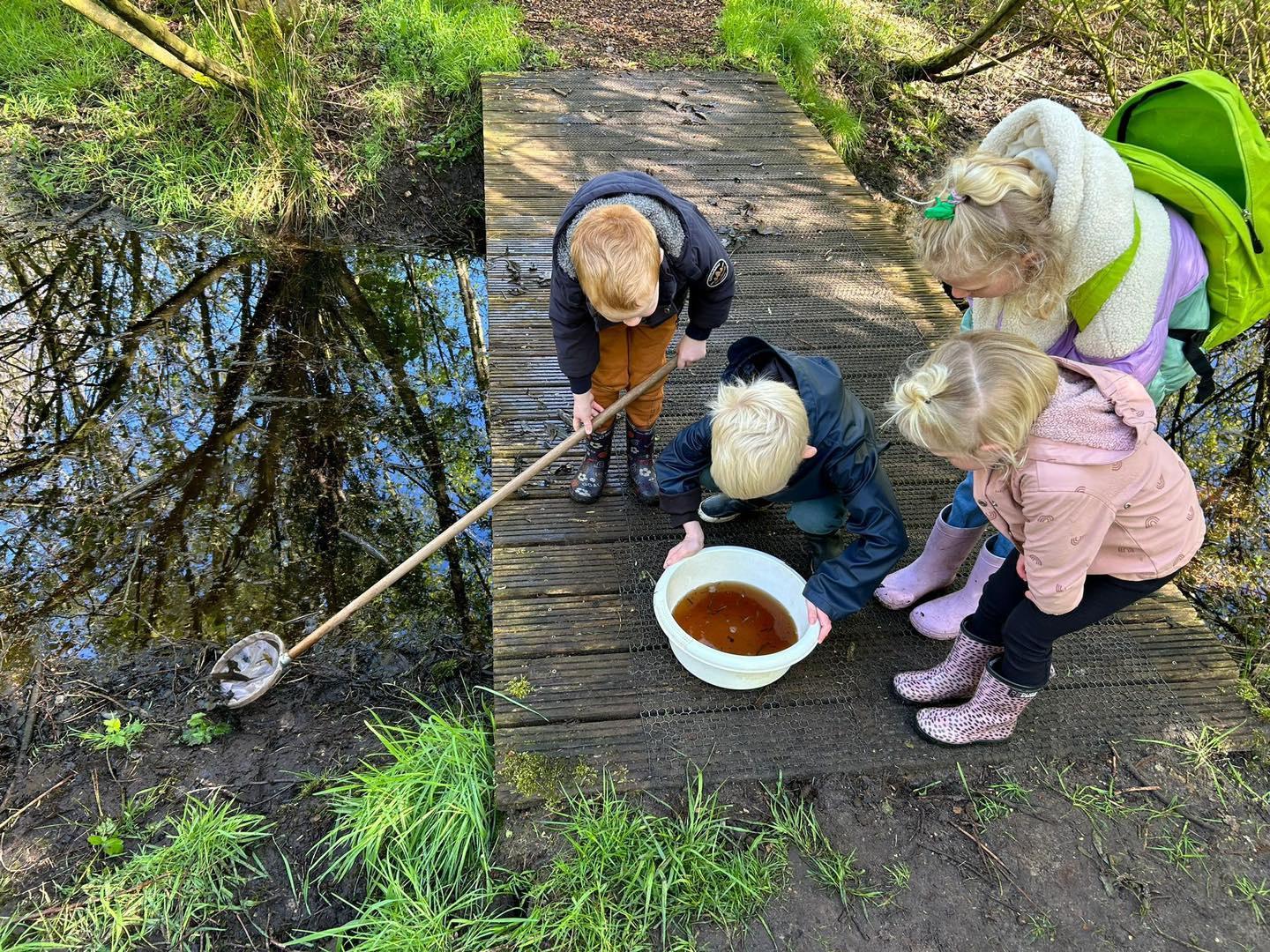 Kinderen van It Kruirêd in Mûnein onderzoeken waterleven nabij een schoolplein.