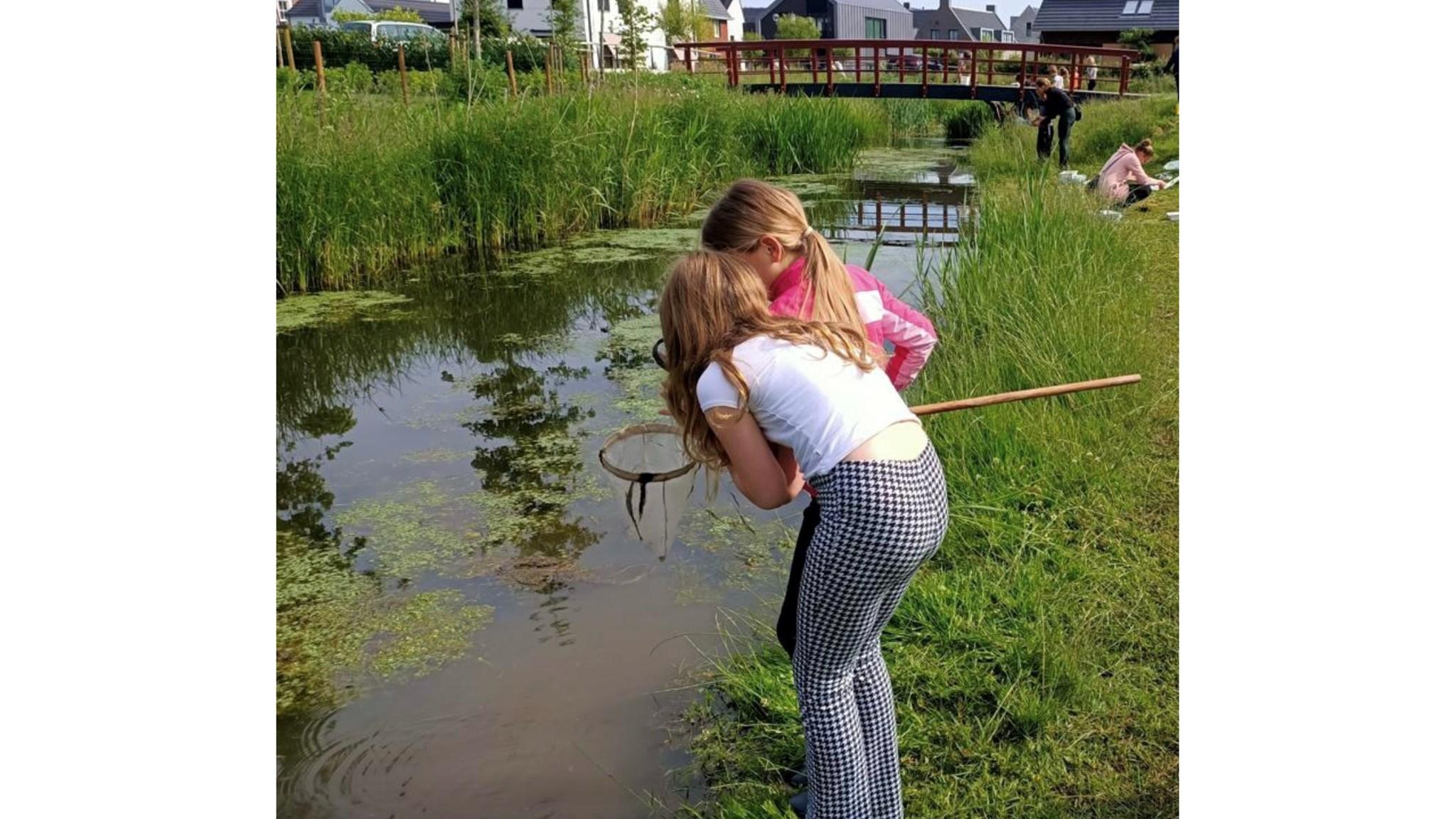 Kinderen van KBs Paulus in Abcoude observeren de natuur bij een vijver. Kinderen van KBs Paulus in Abcoude observeren de natuur bij een vijver.