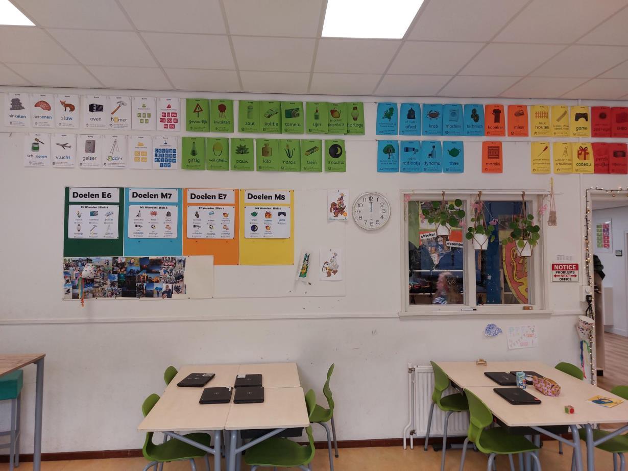 Klaslokaal met educatieve materialen aan de muur van Christelijke Basisschool De Akker in Oosterwolde (Fryslân). Klaslokaal met educatieve materialen aan de muur van Christelijke Basisschool De Akker in Oosterwolde (Fryslân).
