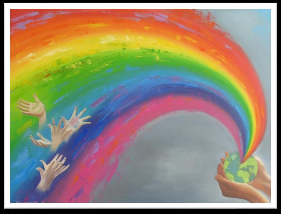 Kunstwerk van Basisschool De Regenboog in Zevenbergen met een kleurrijke regenboog en handen die de aarde vasthouden. Kunstwerk van Basisschool De Regenboog in Zevenbergen met een kleurrijke regenboog en handen die de aarde vasthouden.