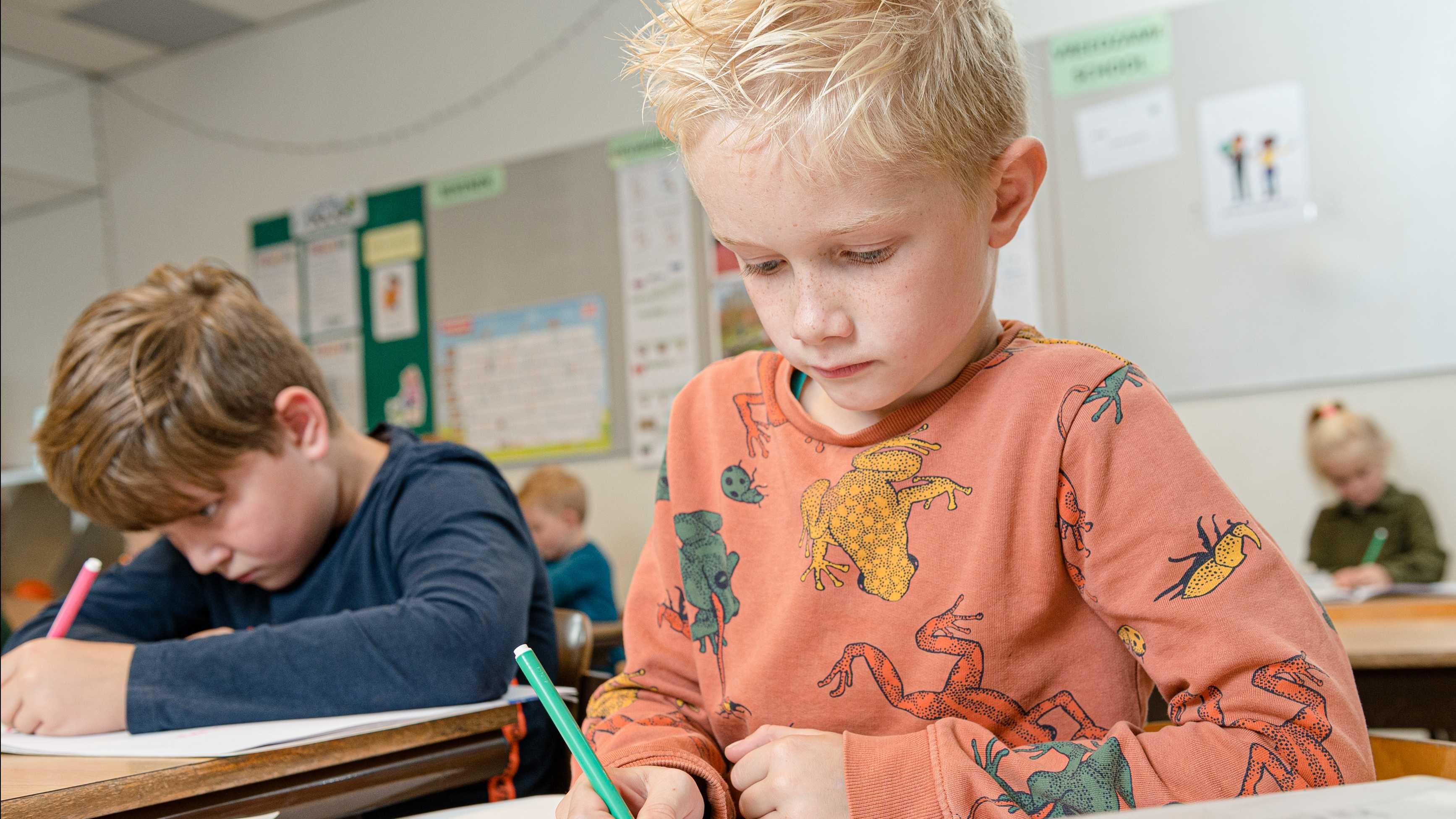 Leerlingen aan de Christelijke Basisschool De Reinboge in Twijzelerheide zijn bezig met tekenen in de klas. Leerlingen aan de Christelijke Basisschool De Reinboge in Twijzelerheide zijn bezig met tekenen in de klas.