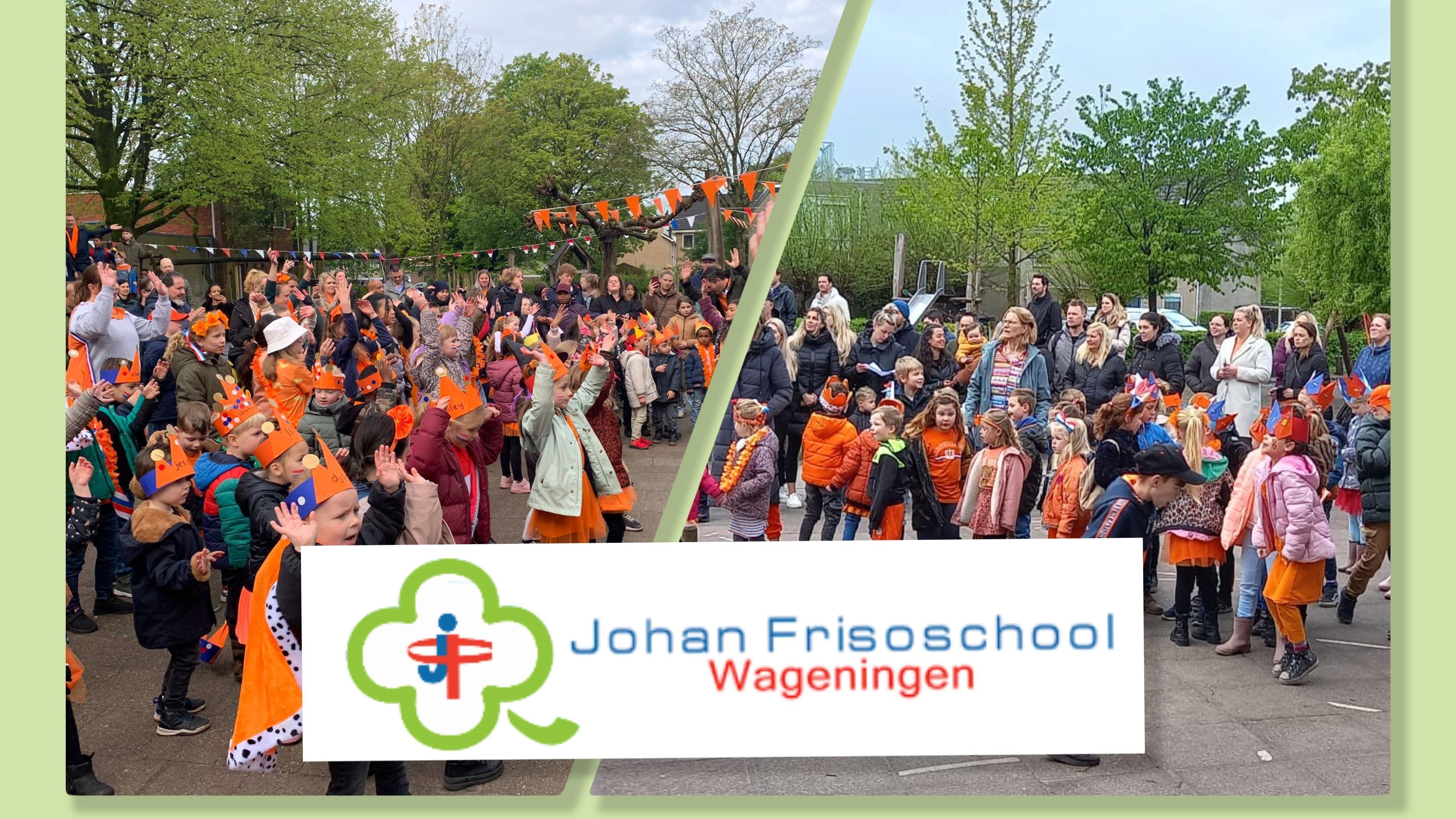Leerlingen en ouders van de Johan Frisoschool voor Christelijk Basisonderwijs in Wageningen vieren samen op het schoolplein. Leerlingen en ouders van de Johan Frisoschool voor Christelijk Basisonderwijs in Wageningen vieren samen op het schoolplein.