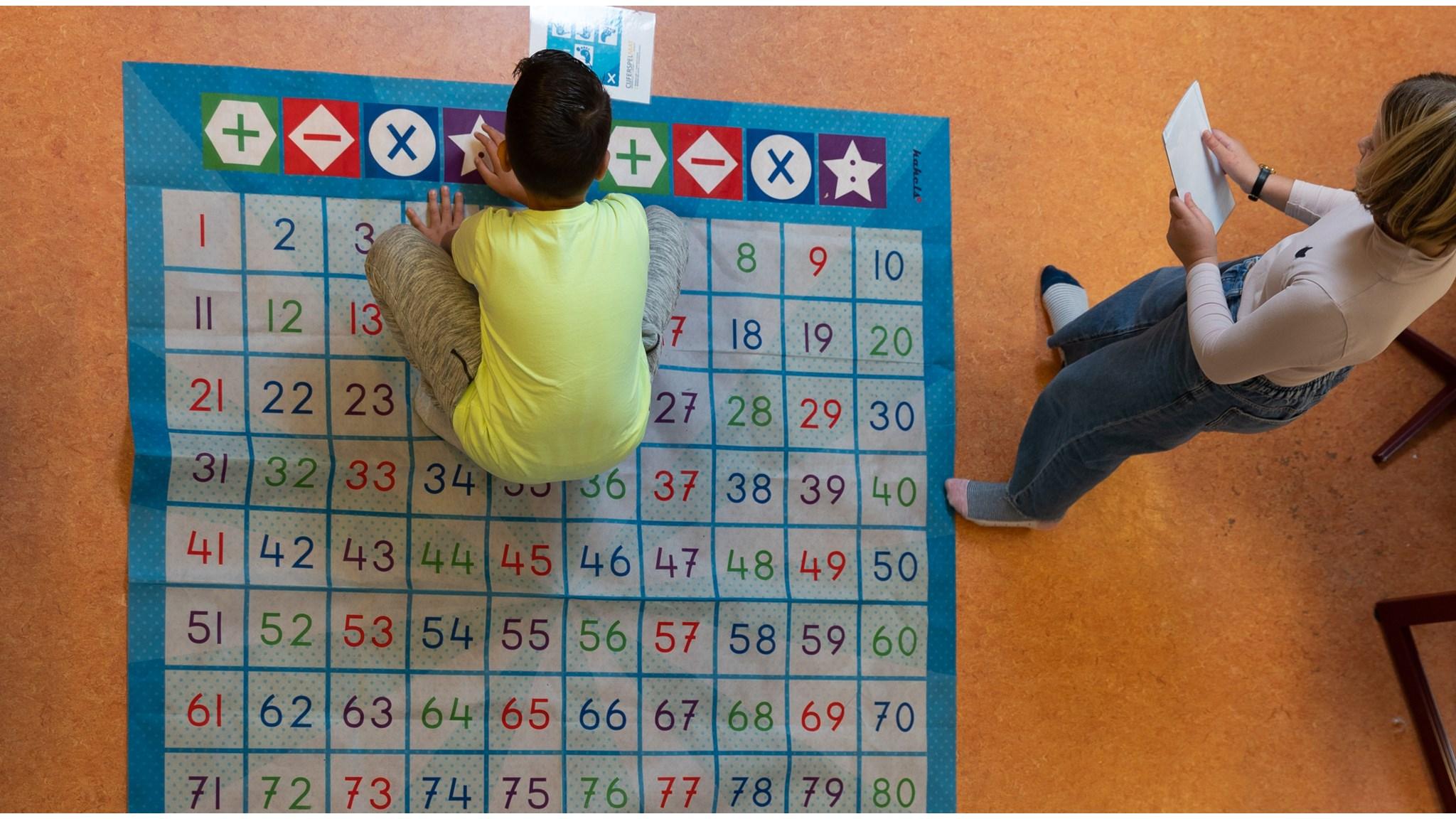 Leerlingen op IKC De Inktvis in Dirksland spelen een educatief spel op een kleurrijk rekenspeelkleed. Leerlingen op IKC De Inktvis in Dirksland spelen een educatief spel op een kleurrijk rekenspeelkleed.