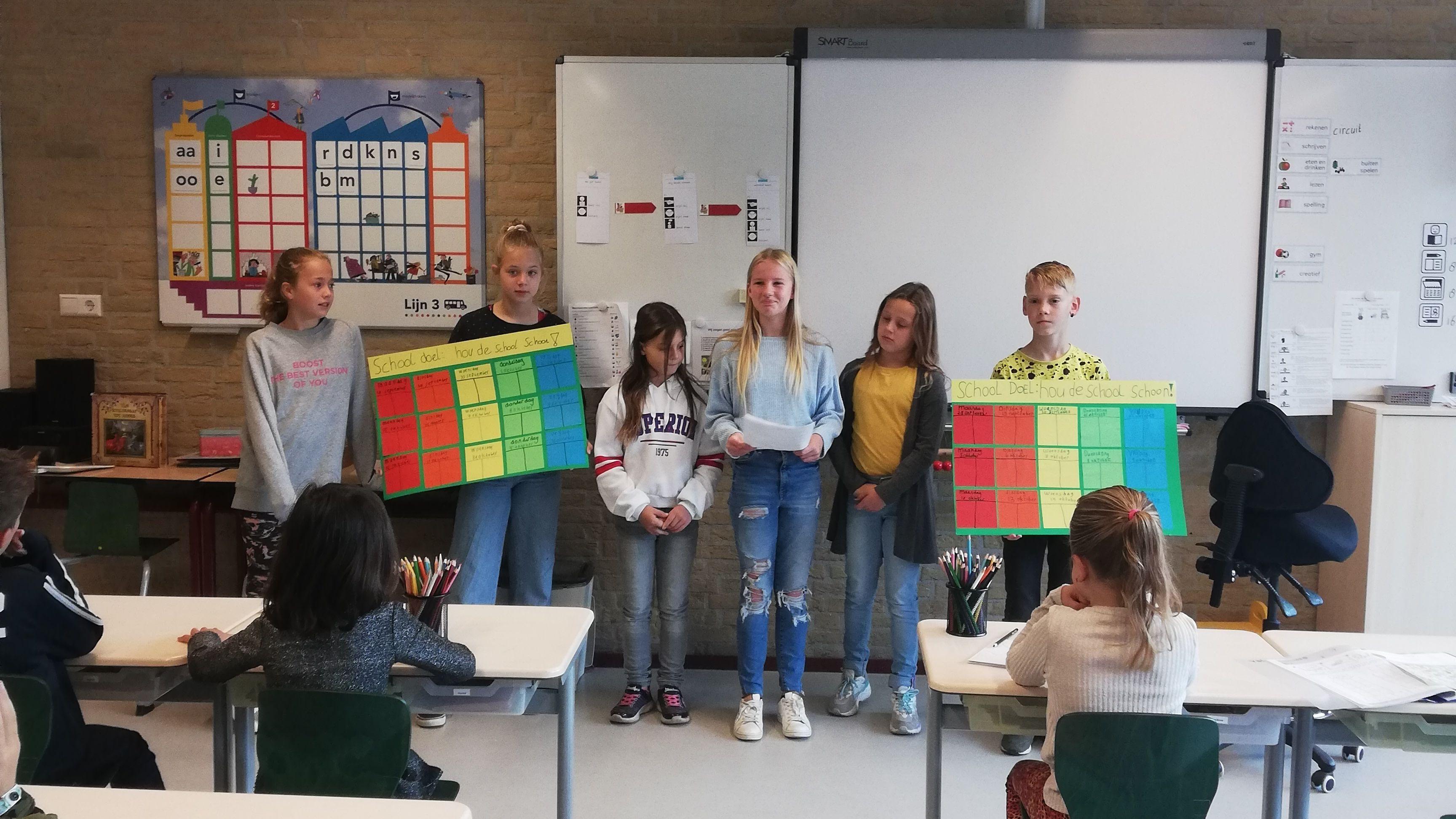 Leerlingen presenteren in de klas van basisschool Drostenburg in Amsterdam. Leerlingen presenteren in de klas van basisschool Drostenburg in Amsterdam.