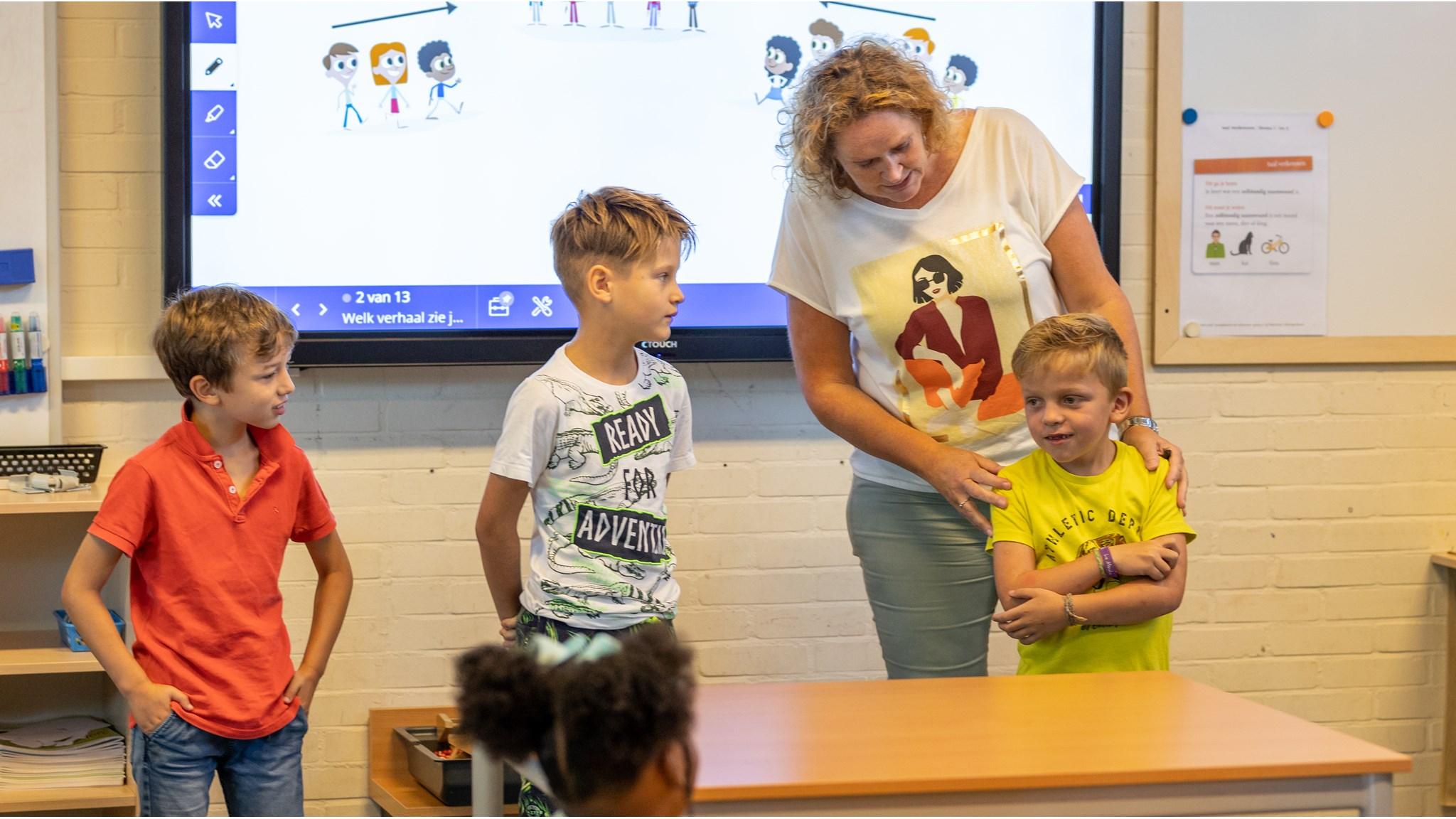 Leerlingen staan voor de klas met hun lerares aan Basisschool De Cirkel in Gouda. Leerlingen staan voor de klas met hun lerares aan Basisschool De Cirkel in Gouda.