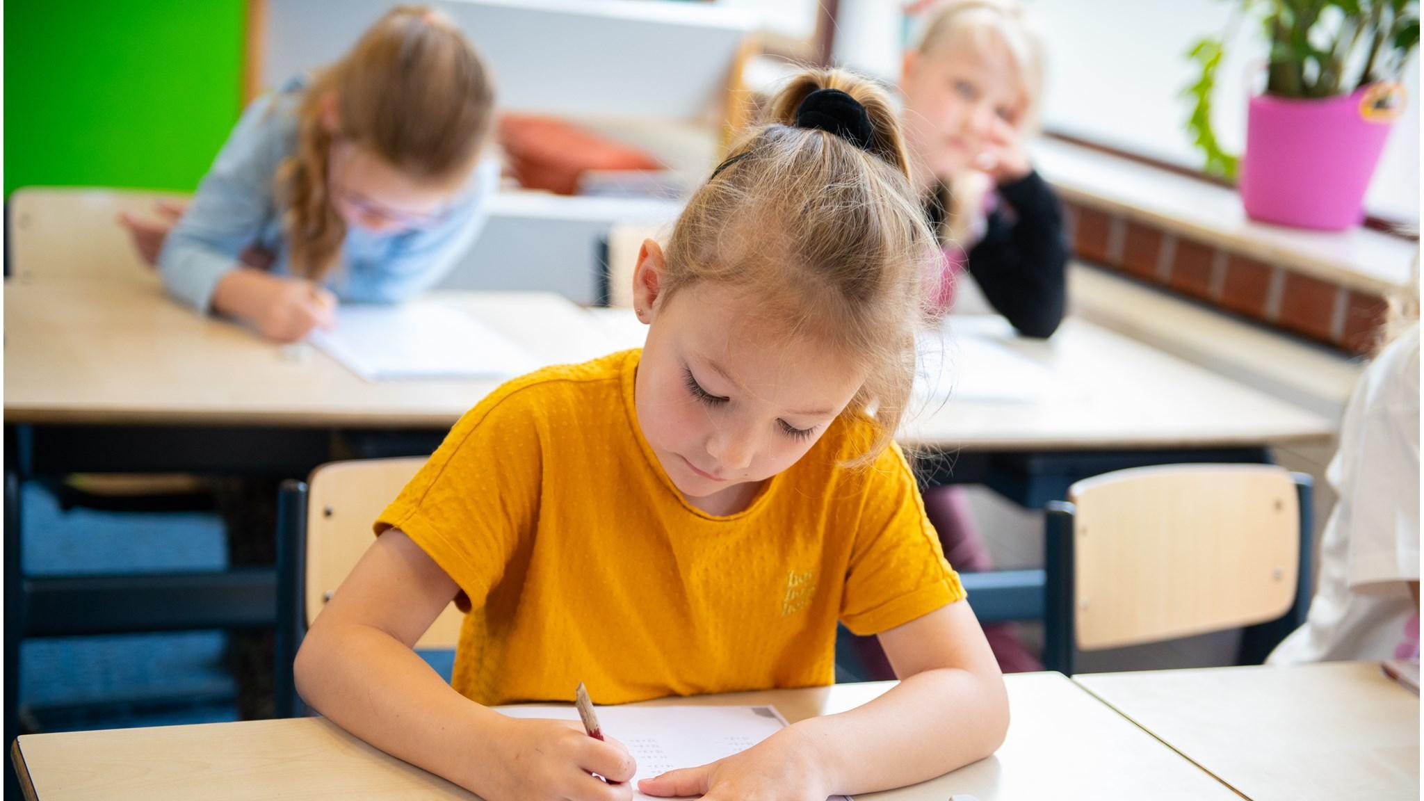 Leerlingen van Basisschool Oranje Nassau - school met de Bijbel in Kootstertille zijn geconcentreerd aan het werk in de klas. Leerlingen van Basisschool Oranje Nassau - school met de Bijbel in Kootstertille zijn geconcentreerd aan het werk in de klas.