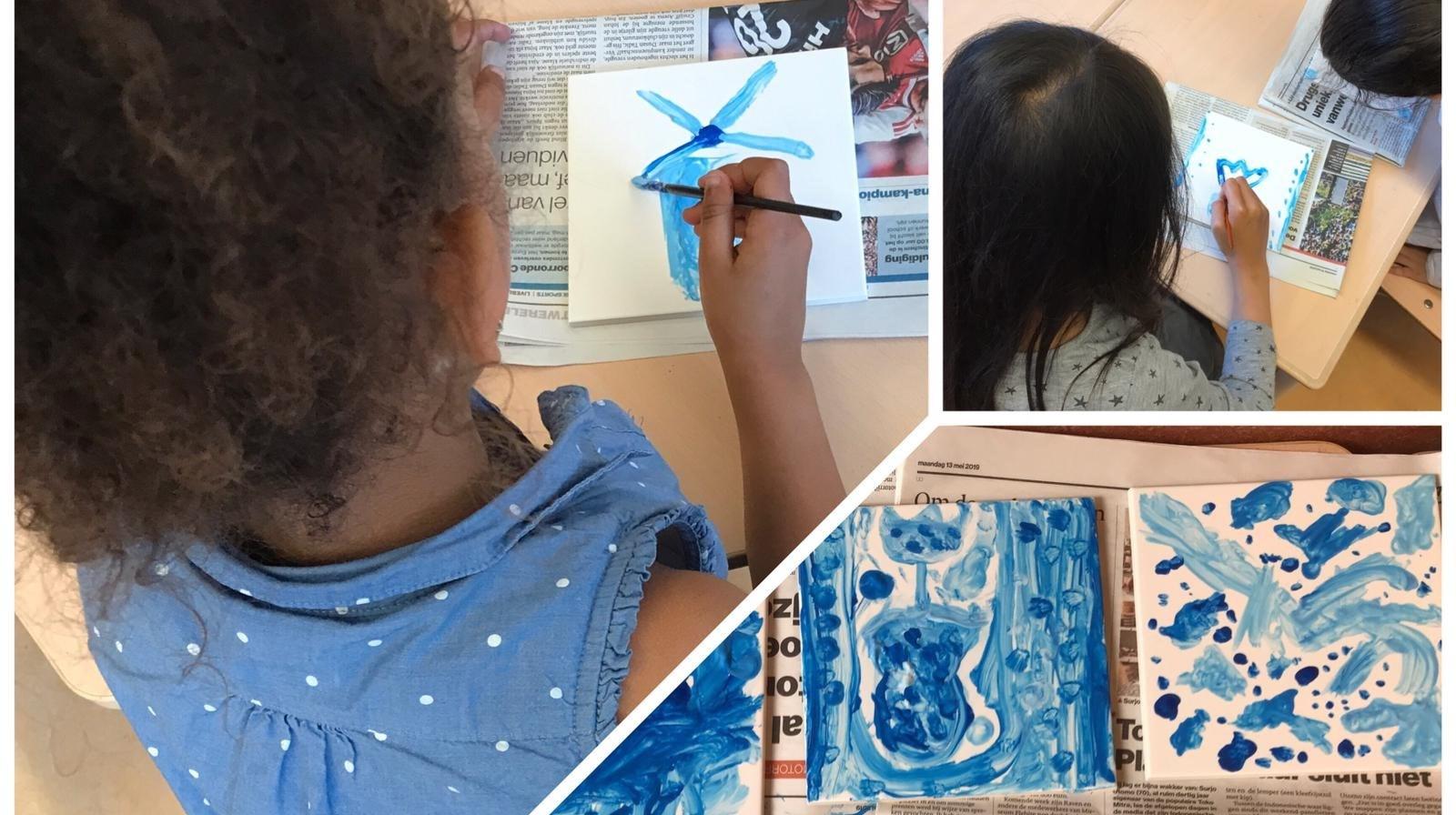 Leerlingen van Basisschool Valkenheuvel in Driebergen-Rijsenburg zijn creatief aan het schilderen met blauwe verf. Leerlingen van Basisschool Valkenheuvel in Driebergen-Rijsenburg zijn creatief aan het schilderen met blauwe verf.