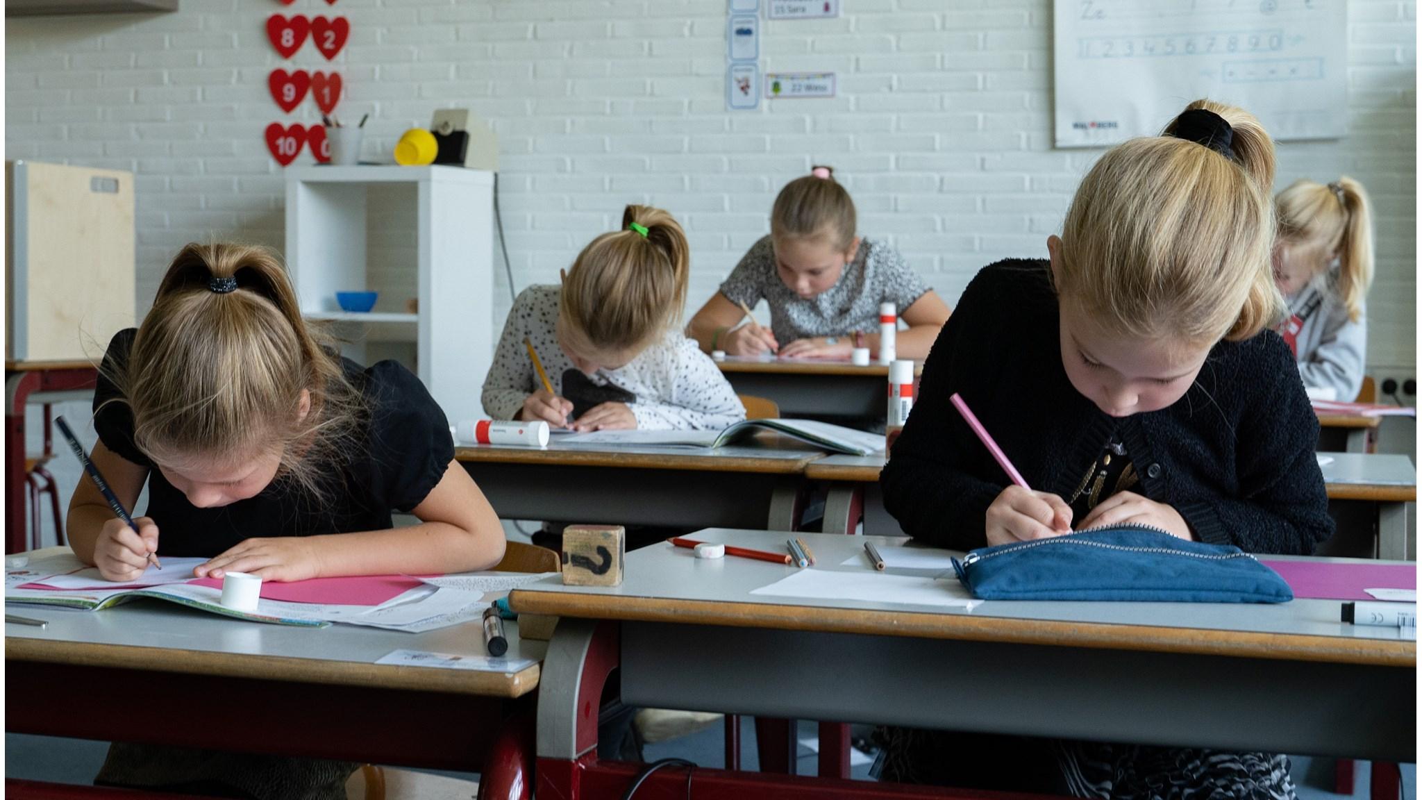 Leerlingen van basisschool Willibrord in Denekamp zijn geconcentreerd bezig met hun oefeningen in de klas. Leerlingen van basisschool Willibrord in Denekamp zijn geconcentreerd bezig met hun oefeningen in de klas.