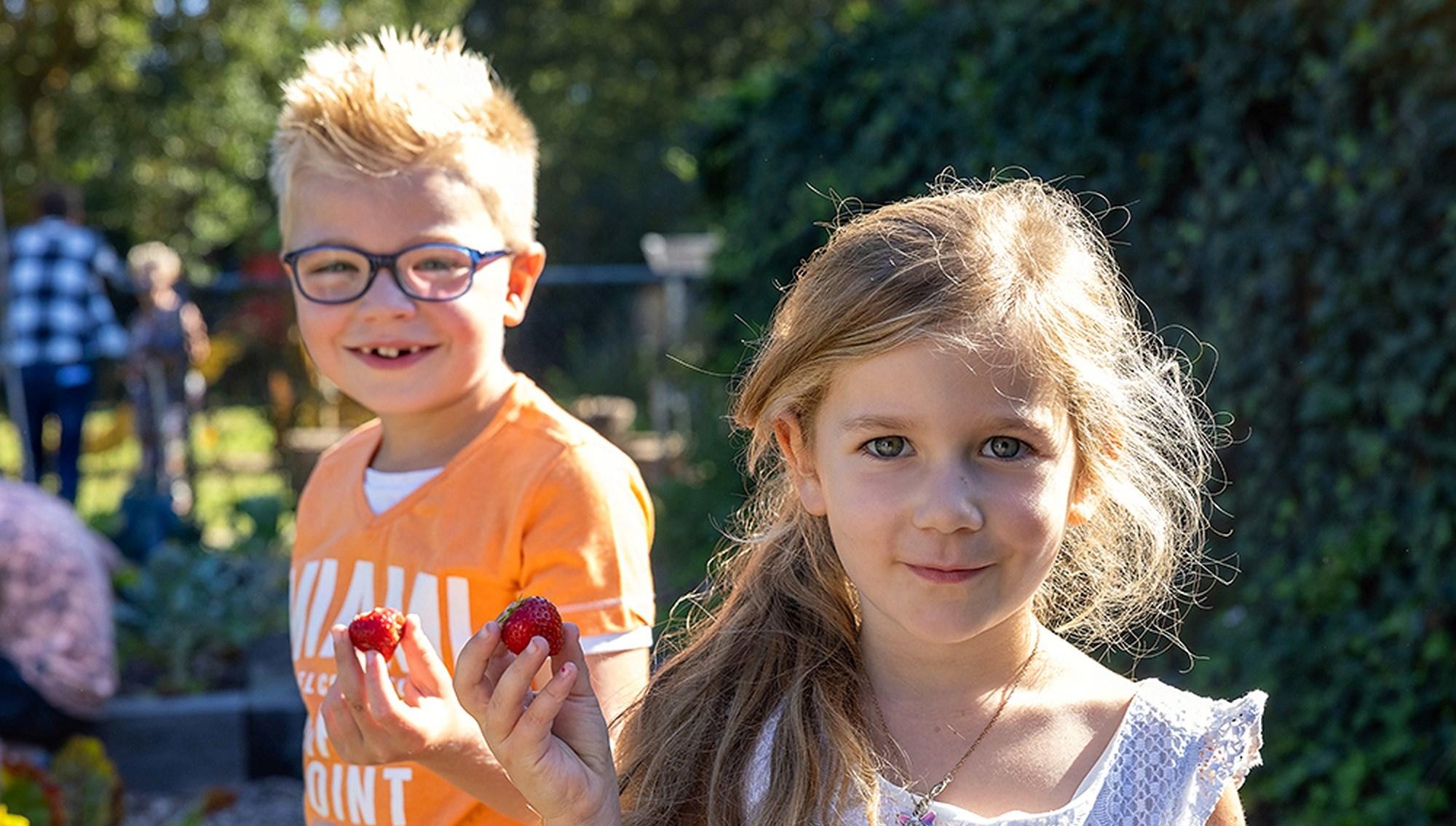 Leerlingen van De Sprenge Emst genieten van vers fruit op het schoolplein. Leerlingen van De Sprenge Emst genieten van vers fruit op het schoolplein.