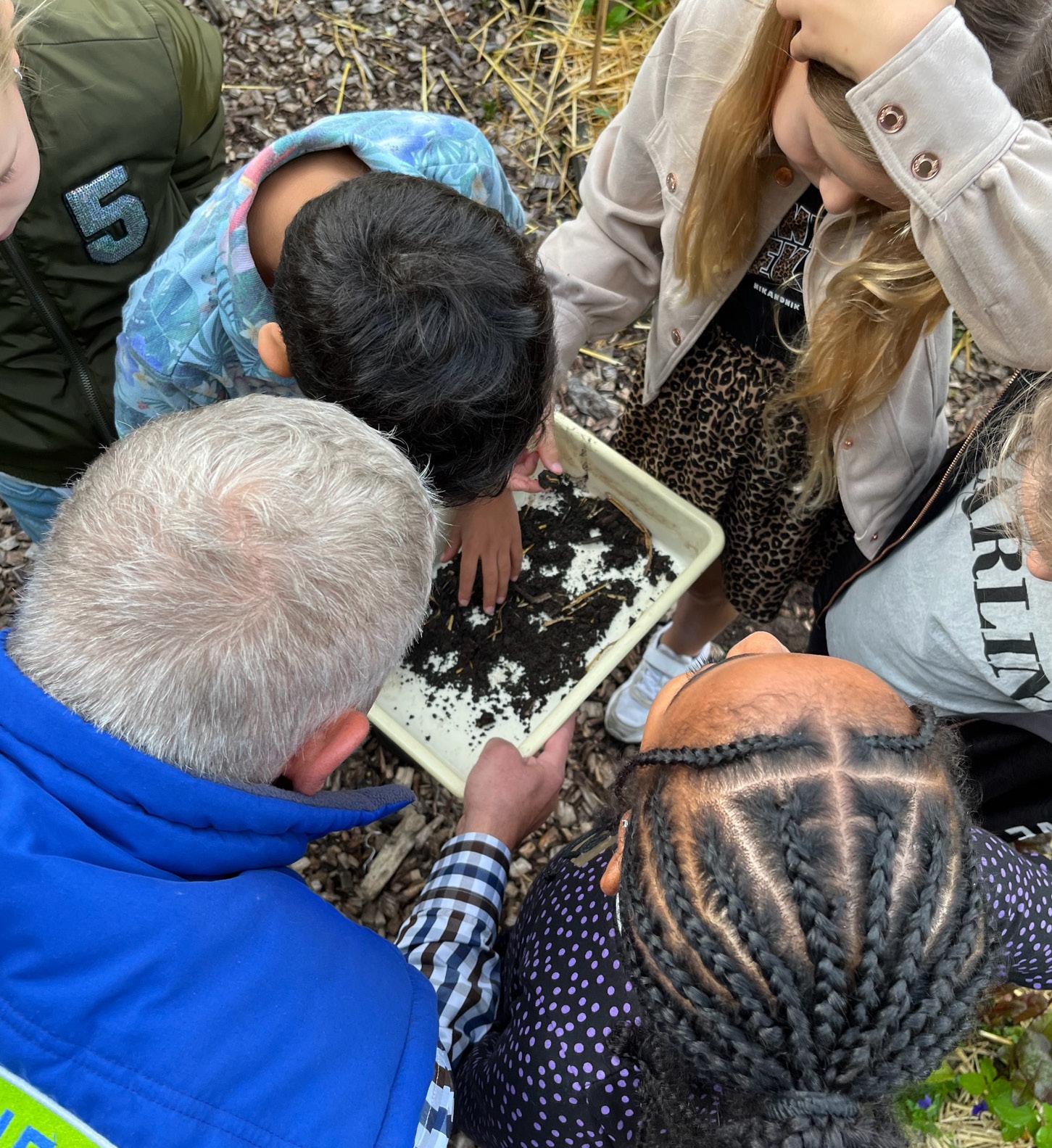 Leerlingen van de St. Jozefschool in Achterveld (Utrecht) onderzoeken de aarde tijdens een buitenactiviteit. Leerlingen van de St. Jozefschool in Achterveld (Utrecht) onderzoeken de aarde tijdens een buitenactiviteit.