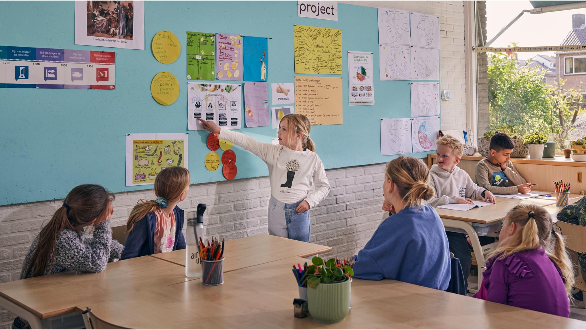 Leerlingen van Jenaplanschool De Kring in Woerden presenteren hun project voor de klas. Leerlingen van Jenaplanschool De Kring in Woerden presenteren hun project voor de klas.