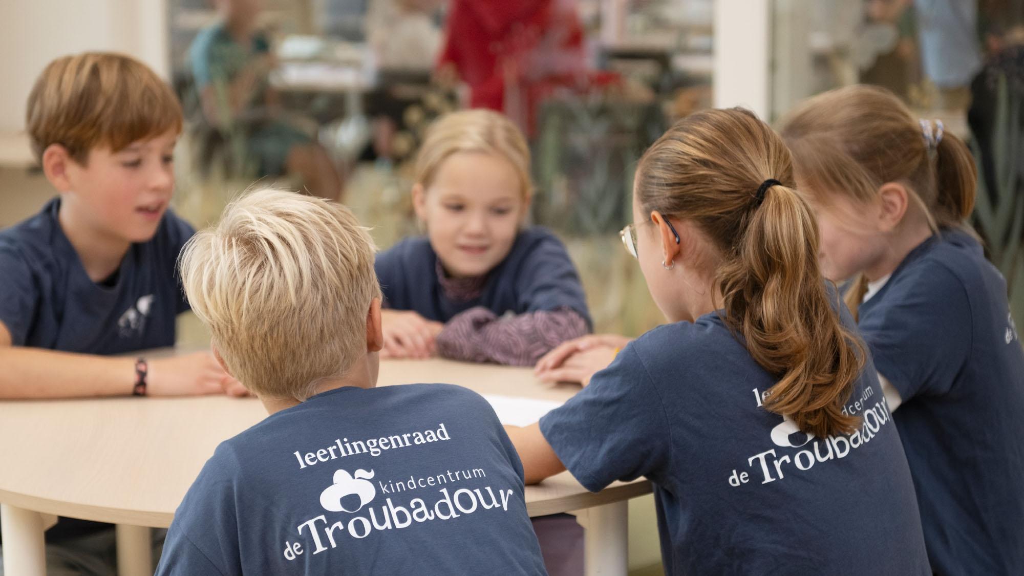 Leerlingen van Kindcentrum De Troubadour in Rosmalen in gesprek tijdens een groepsactiviteit. Leerlingen van Kindcentrum De Troubadour in Rosmalen in gesprek tijdens een groepsactiviteit.