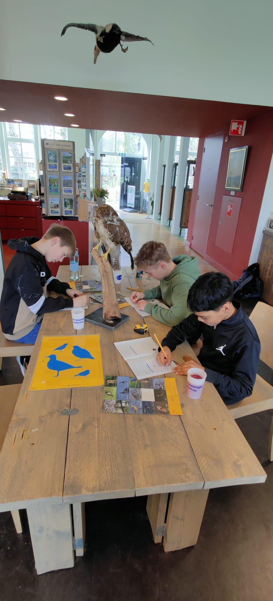 Leerlingen van NBS De Sterren in Uithuizermeeden zijn bezig met een educatieve activiteit rond vogels, terwijl ze zich aan een houten tafel met materialen bevinden. Leerlingen van NBS De Sterren in Uithuizermeeden zijn bezig met een educatieve activiteit rond vogels, terwijl ze zich aan een houten tafel met materialen bevinden.