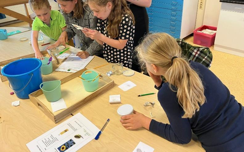 Leerlingen van Openbare Basisschool Kiezel en Kei in Borculo zijn bezig met een onderzoeksactiviteit aan een tafel. Leerlingen van Openbare Basisschool Kiezel en Kei in Borculo zijn bezig met een onderzoeksactiviteit aan een tafel.