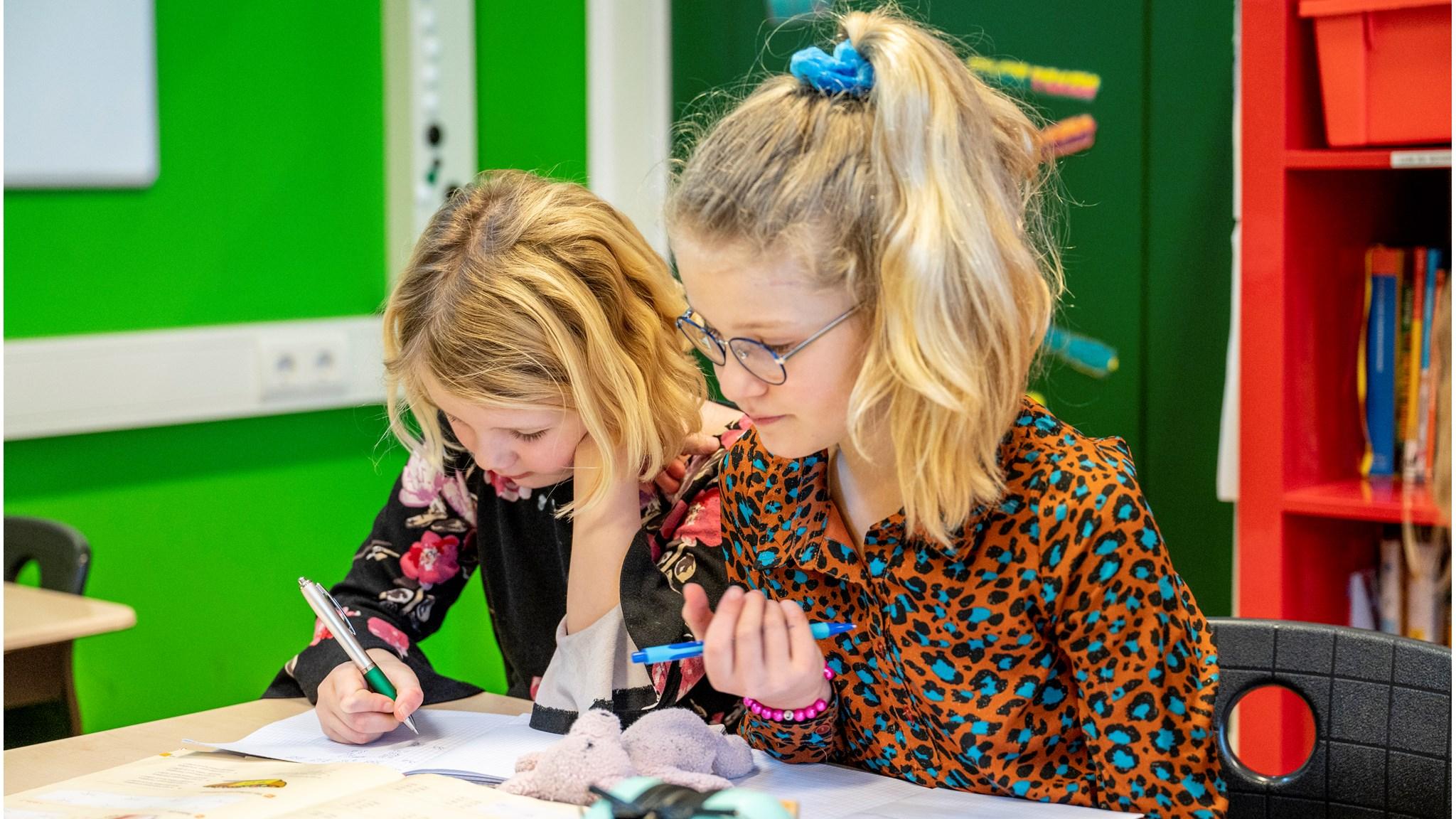 Leerlingen van Openbare basisschool School 75 in Nieuw-Buinen zijn bezig met hun schoolwerk aan een tafel. Leerlingen van Openbare basisschool School 75 in Nieuw-Buinen zijn bezig met hun schoolwerk aan een tafel.