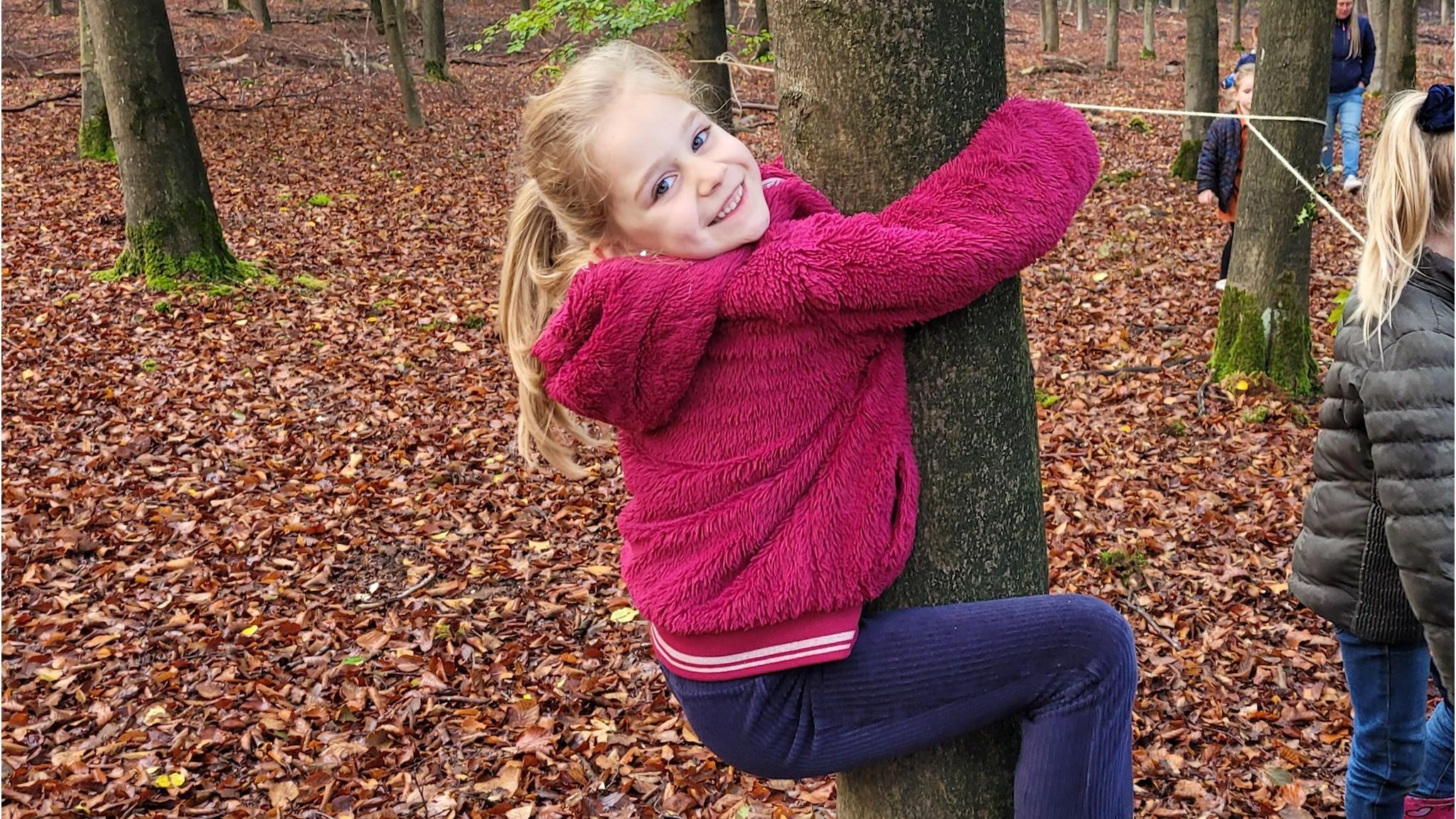 Meisje klimt enthousiast tegen een boom in het bos tijdens een activiteit van Christelijke basisschool De Ark in Daarle. Meisje klimt enthousiast tegen een boom in het bos tijdens een activiteit van Christelijke basisschool De Ark in Daarle.