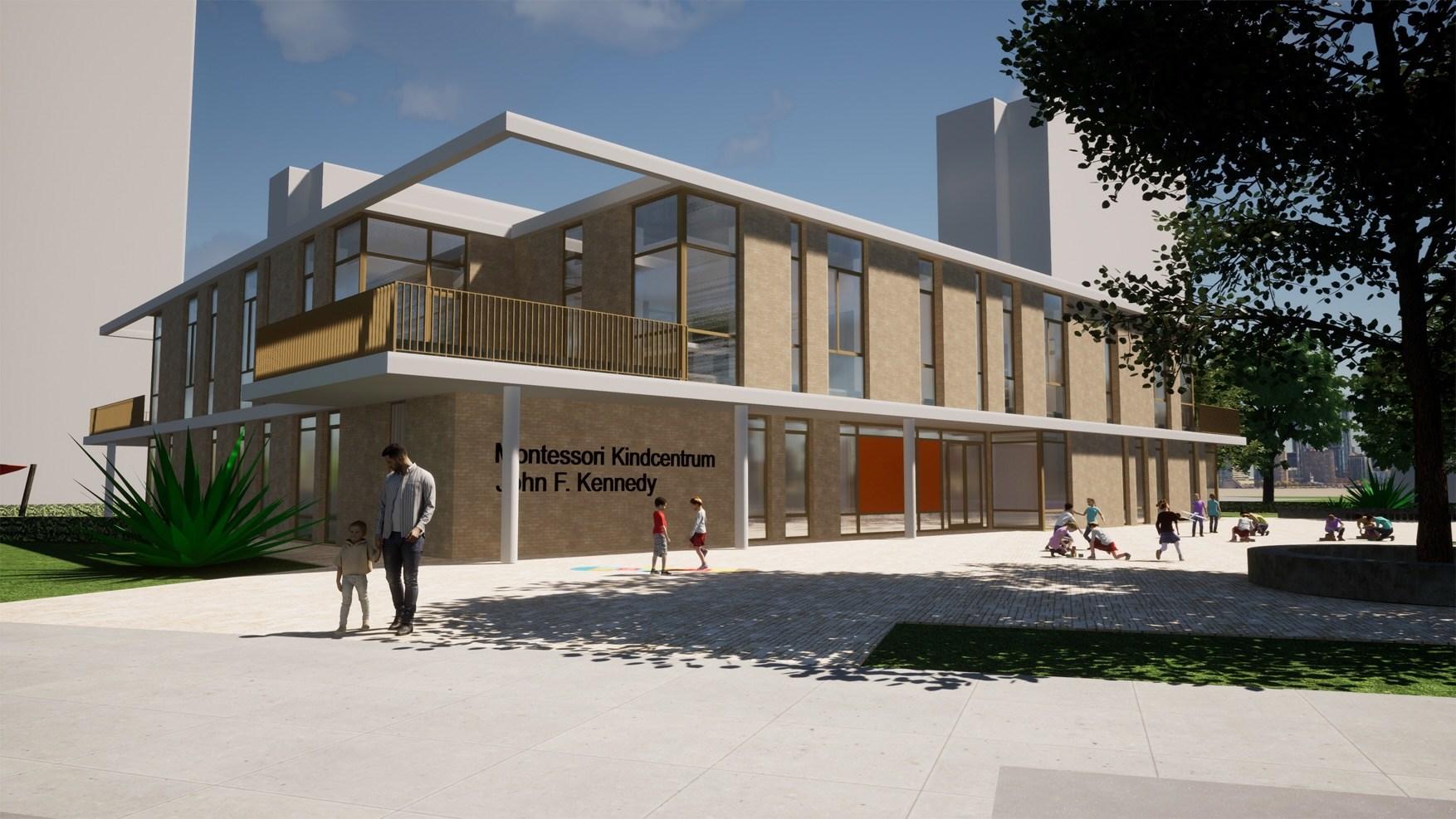 Montessori Kindcentrum John F. Kennedy in Den Haag met kinderen op het schoolplein. Montessori Kindcentrum John F. Kennedy in Den Haag met kinderen op het schoolplein.
