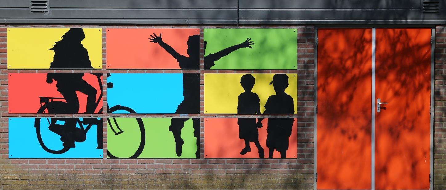Muurdecoratie met kleurrijke silhouetten van kinderen en activiteiten bij Christelijke Basisschool De Wiekslag in Bleiswijk.
