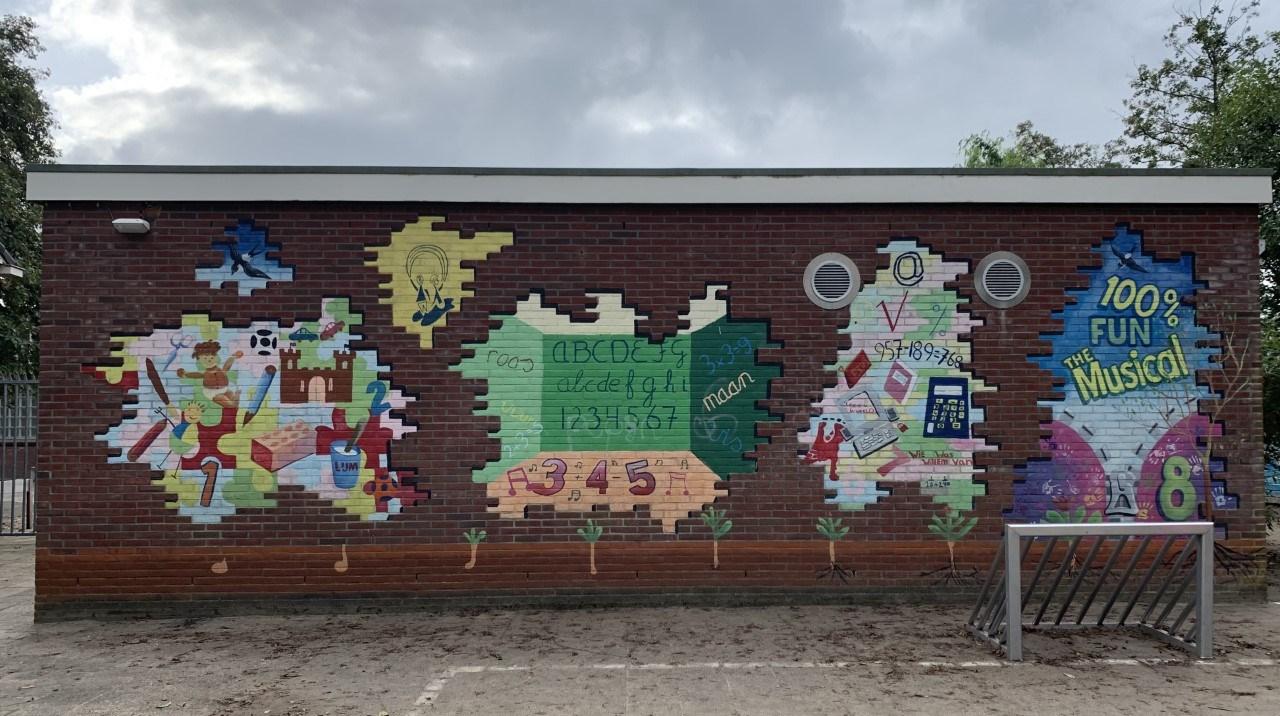 Muurkunst op de buitenmuur van KBs Paulus in Abcoude, die diverse kleurrijke en educatieve elementen toont. Muurkunst op de buitenmuur van KBs Paulus in Abcoude, die diverse kleurrijke en educatieve elementen toont.