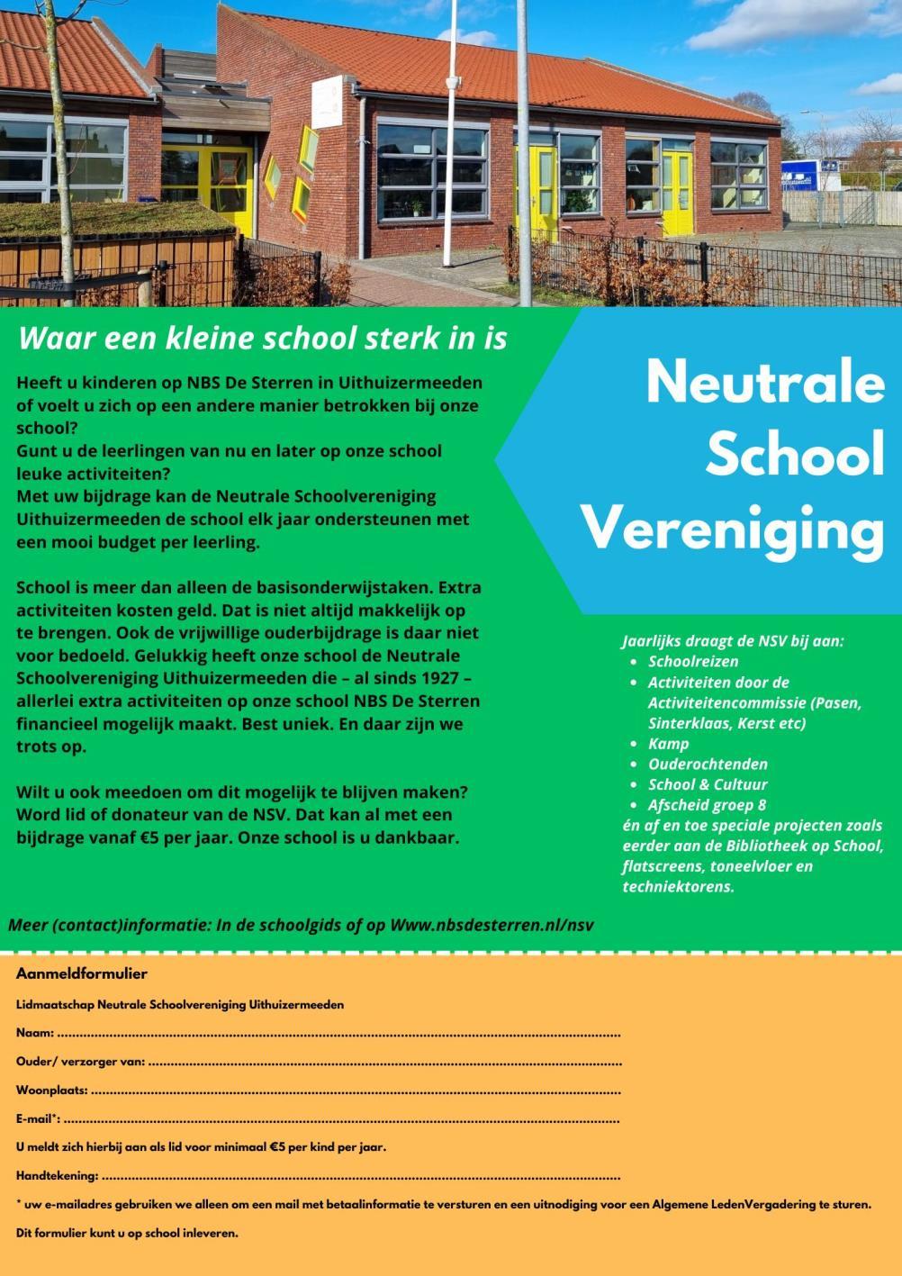 NBS De Sterren in Uithuizermeeden nodigt uit tot betrokkenheid bij schoolactiviteiten en ondersteuning via de Neutrale Schoolvereniging. NBS De Sterren in Uithuizermeeden nodigt uit tot betrokkenheid bij schoolactiviteiten en ondersteuning via de Neutrale Schoolvereniging.