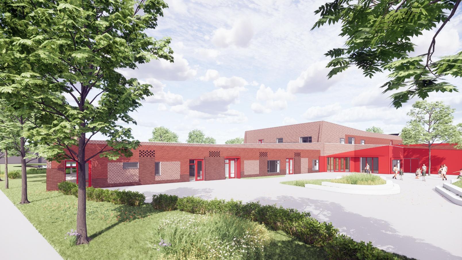 Nieuwe moderne gebouwen van Basisschool St Wulfram in Hoogwoud met een groene omgeving en een schoolplein. Nieuwe moderne gebouwen van Basisschool St Wulfram in Hoogwoud met een groene omgeving en een schoolplein.