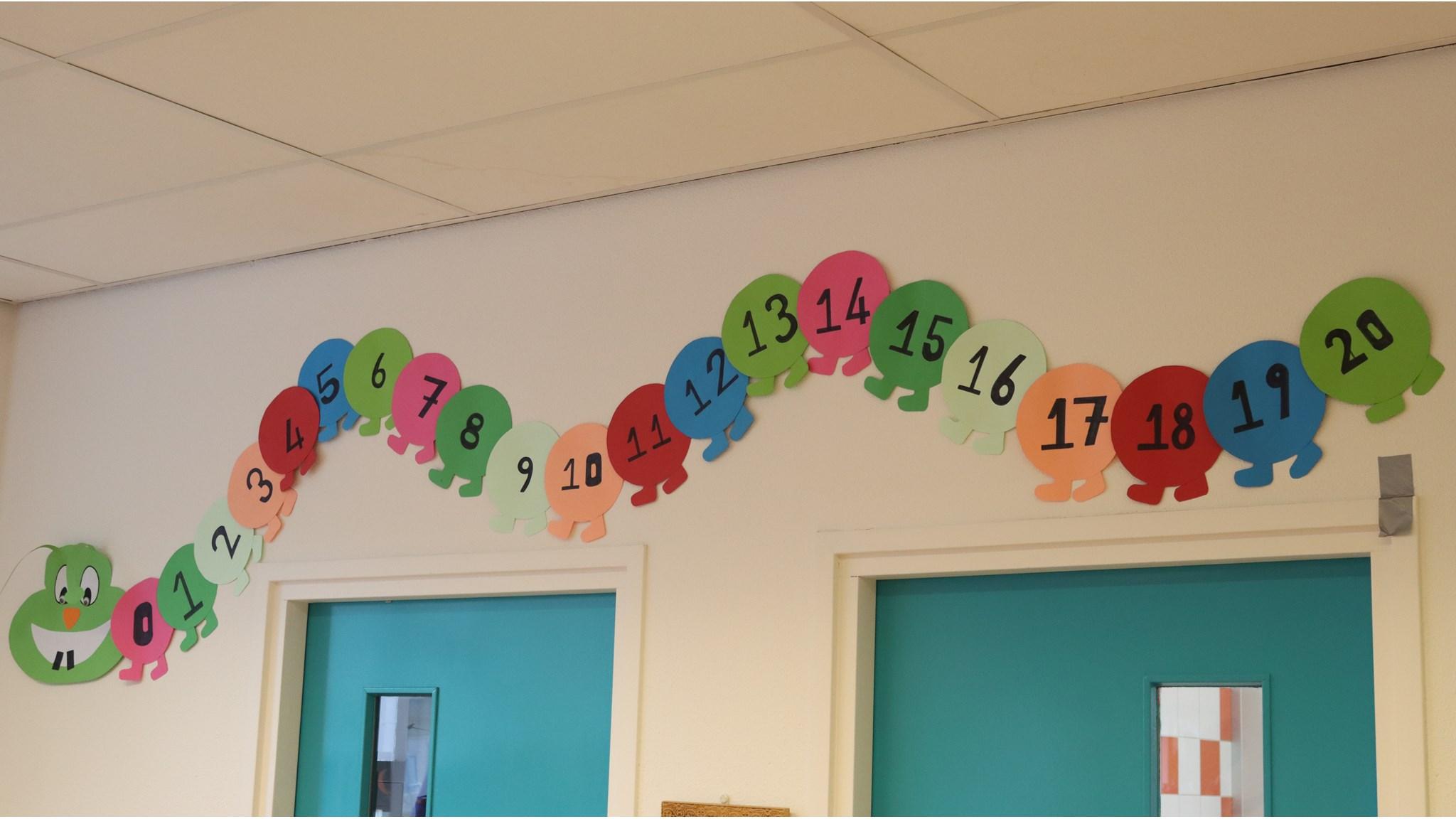 Nummerdecoratie aan de muur van De Zijderoute in Amsterdam met kleurrijke figuren van 0 tot 20. Nummerdecoratie aan de muur van De Zijderoute in Amsterdam met kleurrijke figuren van 0 tot 20.