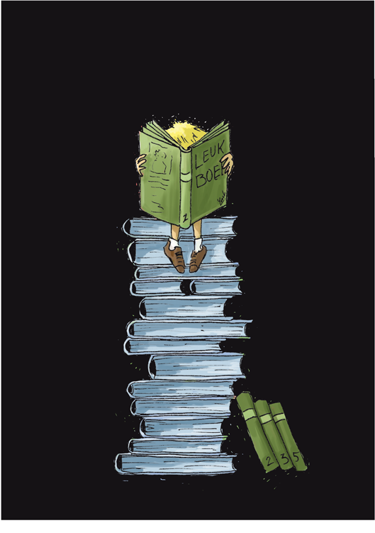 Openbare Basisschool De Tweemaster in Pijnacker moedigt lezen aan met een geïllustreerde jongen die op boeken stapels zit. Openbare Basisschool De Tweemaster in Pijnacker moedigt lezen aan met een geïllustreerde jongen die op boeken stapels zit.