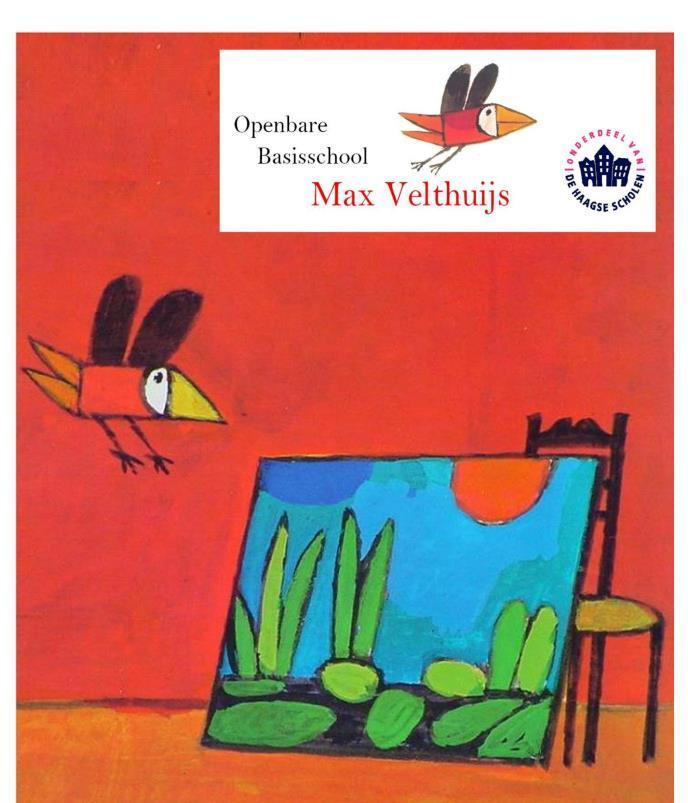Openbare Basisschool Max Velthuijs toont een kleurrijke schilderij met vogels op een helderrode achtergrond. Openbare Basisschool Max Velthuijs toont een kleurrijke schilderij met vogels op een helderrode achtergrond.