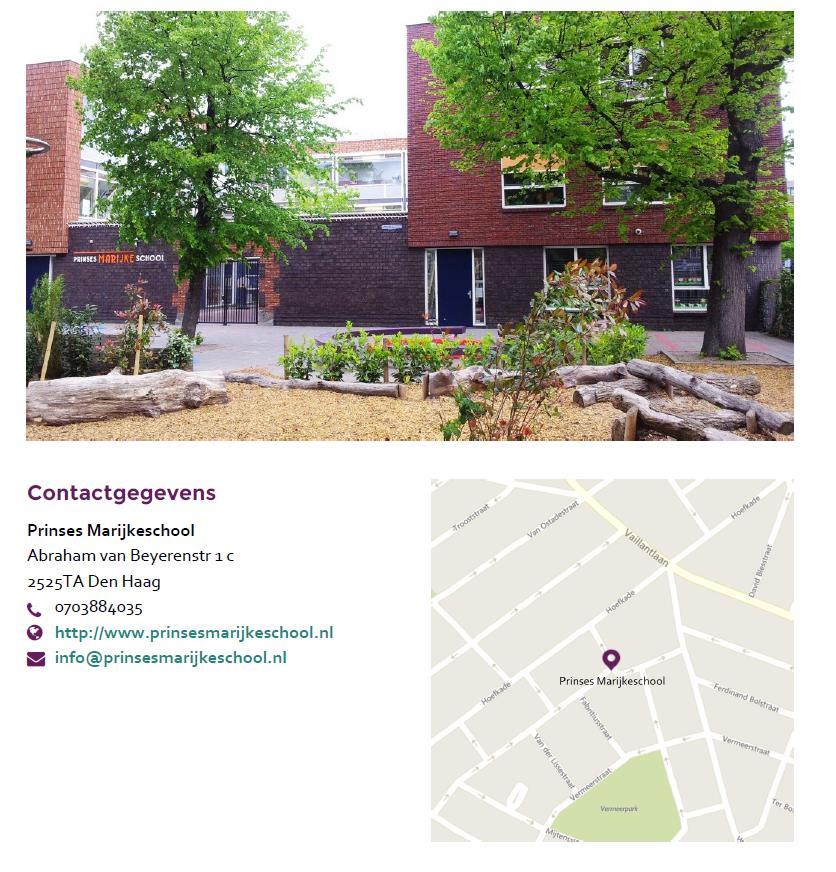 Prinses Marijkeschool in Den Haag met een groene schoolplein en contactinformatie. Prinses Marijkeschool in Den Haag met een groene schoolplein en contactinformatie.