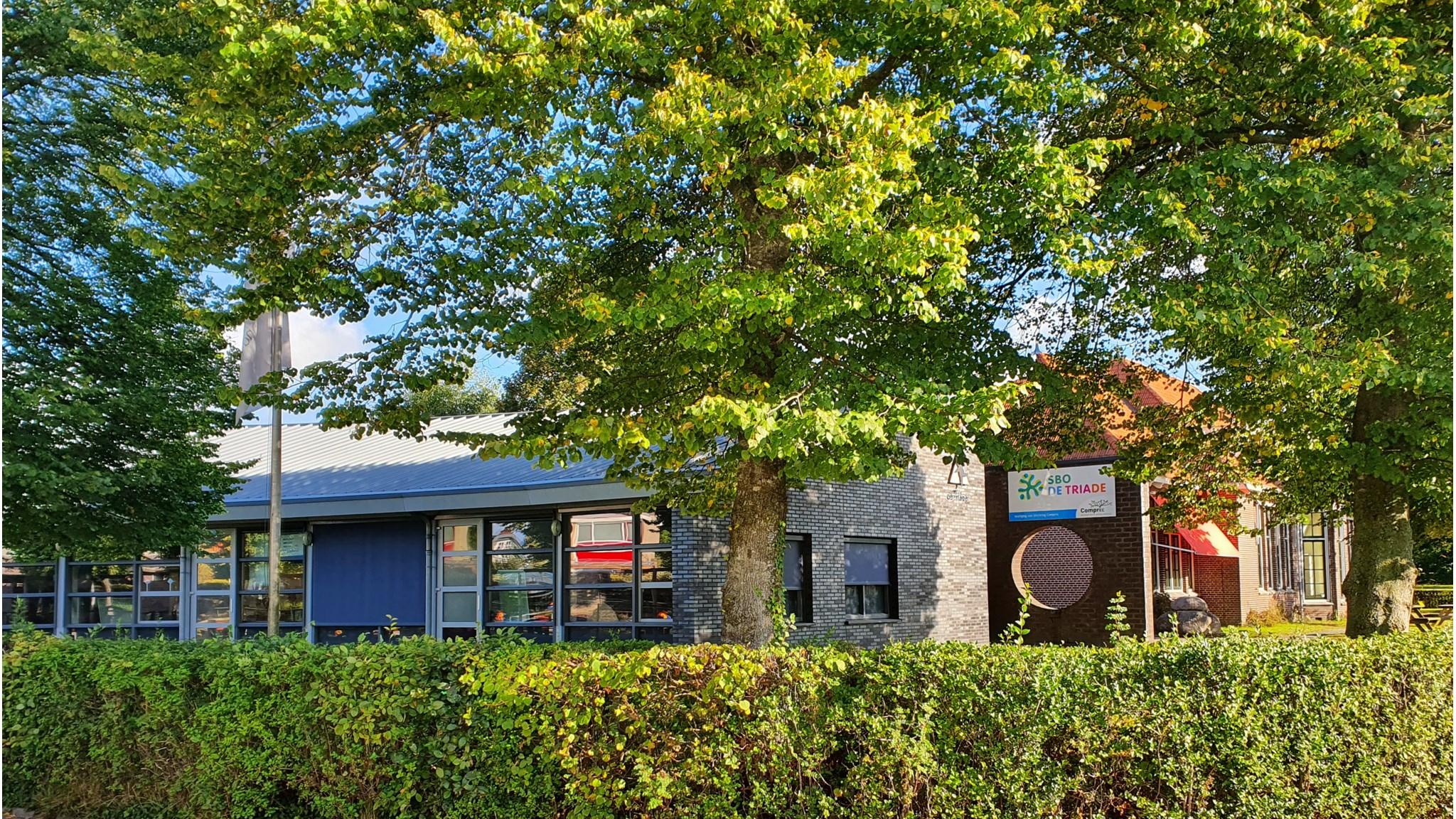 School voor Speciaal Basisonderwijs De Triade in Wolvega met een groene omgeving en moderne gevel. School voor Speciaal Basisonderwijs De Triade in Wolvega met een groene omgeving en moderne gevel.