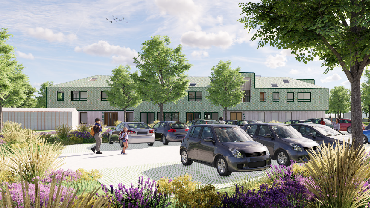 Schoolplein van De Twine in IJlst met leerlingen en auto's.