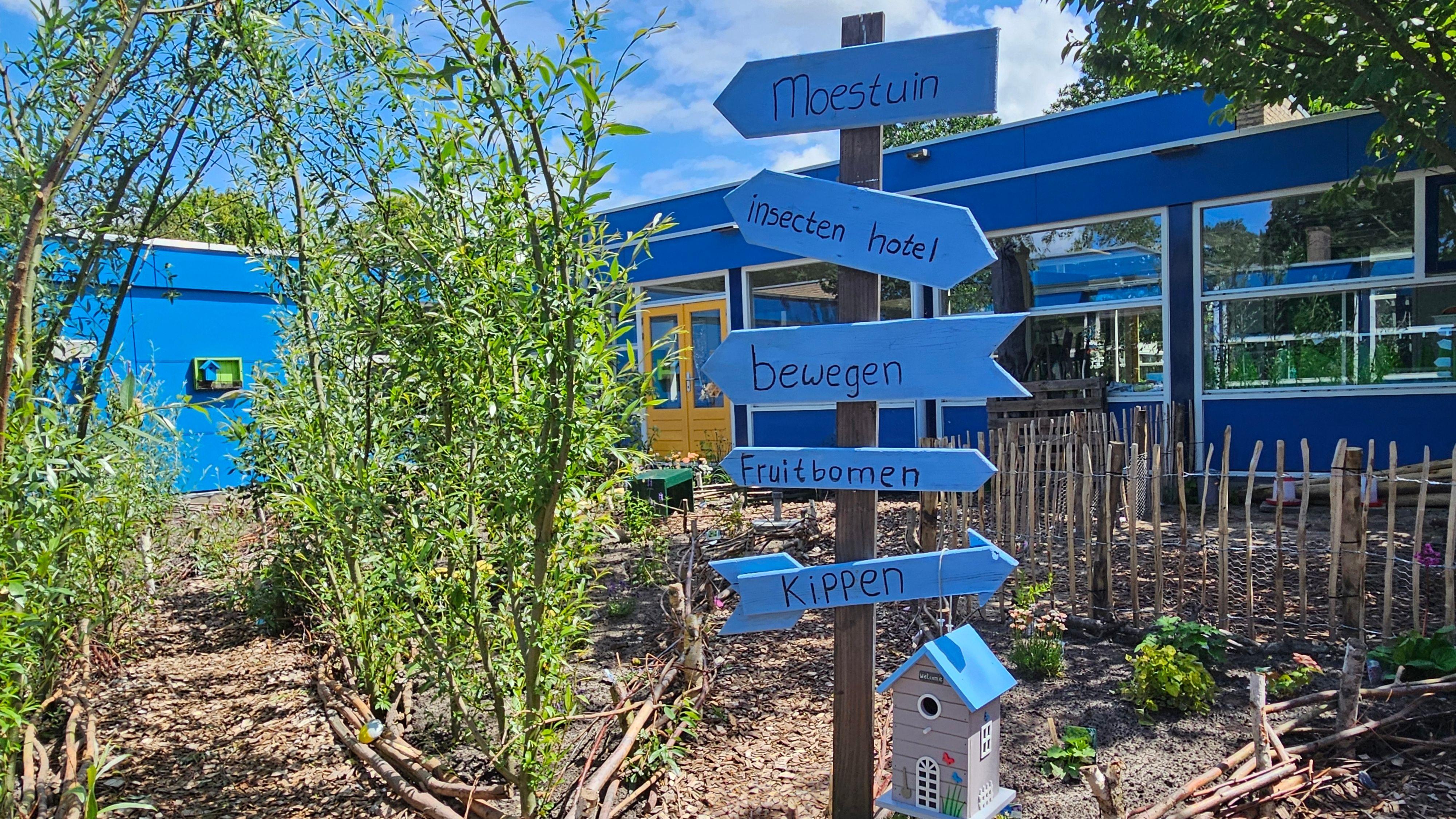Schoolplein van IKC De Lente in Abbenes met aanwijzingen voor activiteiten zoals moestuin, bewegen en fruitbomen. Schoolplein van IKC De Lente in Abbenes met aanwijzingen voor activiteiten zoals moestuin, bewegen en fruitbomen.