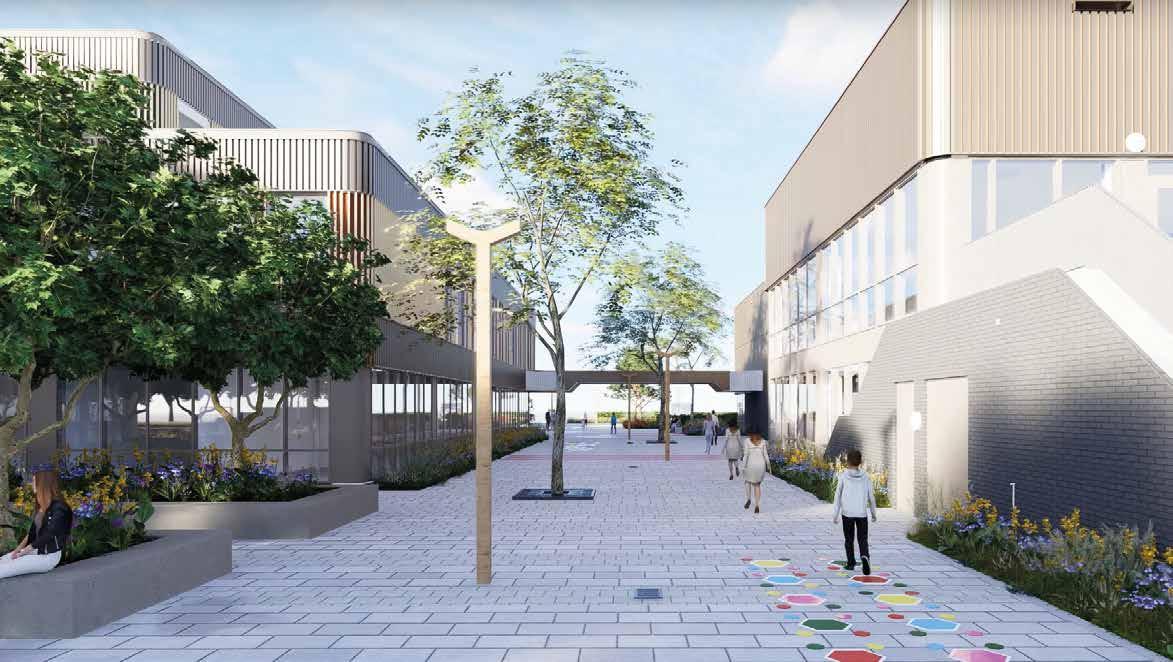 Schoolplein van Montessori Campus 0-18 PO in Almere met groene begroeiing en leerlingen die zich verplaatsen. Schoolplein van Montessori Campus 0-18 PO in Almere met groene begroeiing en leerlingen die zich verplaatsen.