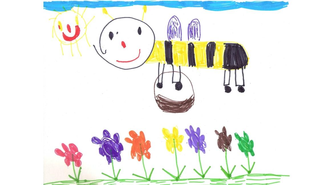 Tekening van een bij en bloemen, afkomstig van de Rooms Katholieke Basisschool Op Weg in Vorstenbosch. Tekening van een bij en bloemen, afkomstig van de Rooms Katholieke Basisschool Op Weg in Vorstenbosch.