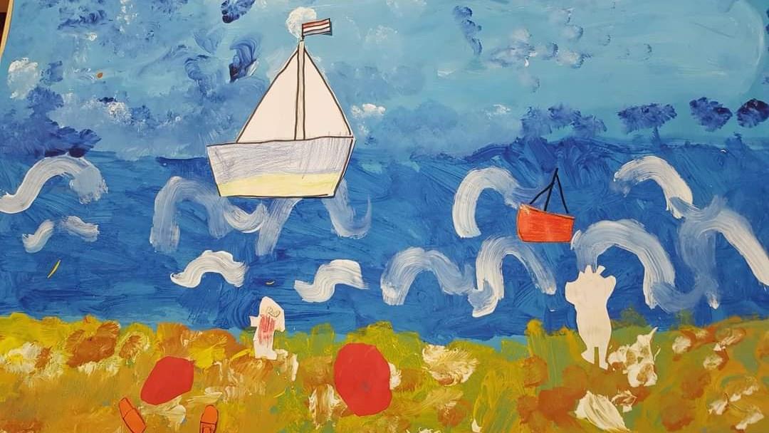 Tekening van een zeilboot en een roeiboot op de zee, gemaakt door leerlingen van Openbare Basisschool De Toermalijn in Bavel. Tekening van een zeilboot en een roeiboot op de zee, gemaakt door leerlingen van Openbare Basisschool De Toermalijn in Bavel.