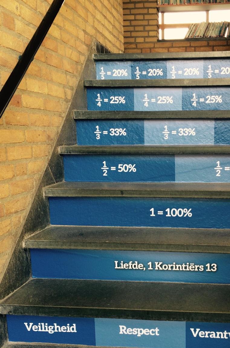 Trap met wiskundige breuken en waarden, gelegen in Gereformeerde Basisschool De Fakkel in Almelo. Trap met wiskundige breuken en waarden, gelegen in Gereformeerde Basisschool De Fakkel in Almelo.