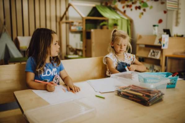 Twee meisjes aan een tafel in Basisschool het Startblok in Achterveld (Utrecht) terwijl ze creatief bezig zijn met tekenen. Twee meisjes aan een tafel in Basisschool het Startblok in Achterveld (Utrecht) terwijl ze creatief bezig zijn met tekenen.