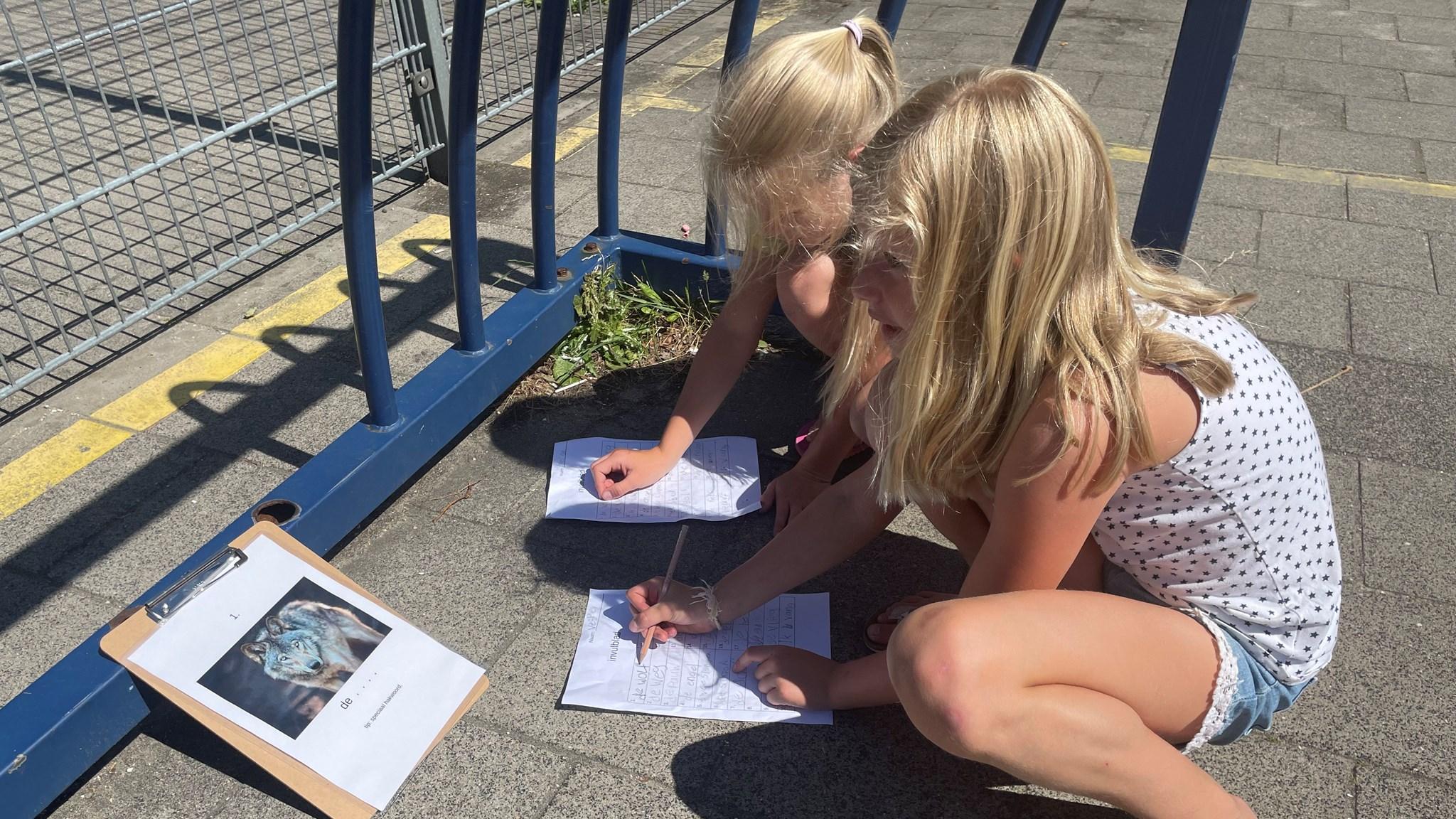 Twee meisjes schrijven op het schoolplein van Openbare Basisschool 't Zwanenest in Schagerbrug. Twee meisjes schrijven op het schoolplein van Openbare Basisschool 't Zwanenest in Schagerbrug.