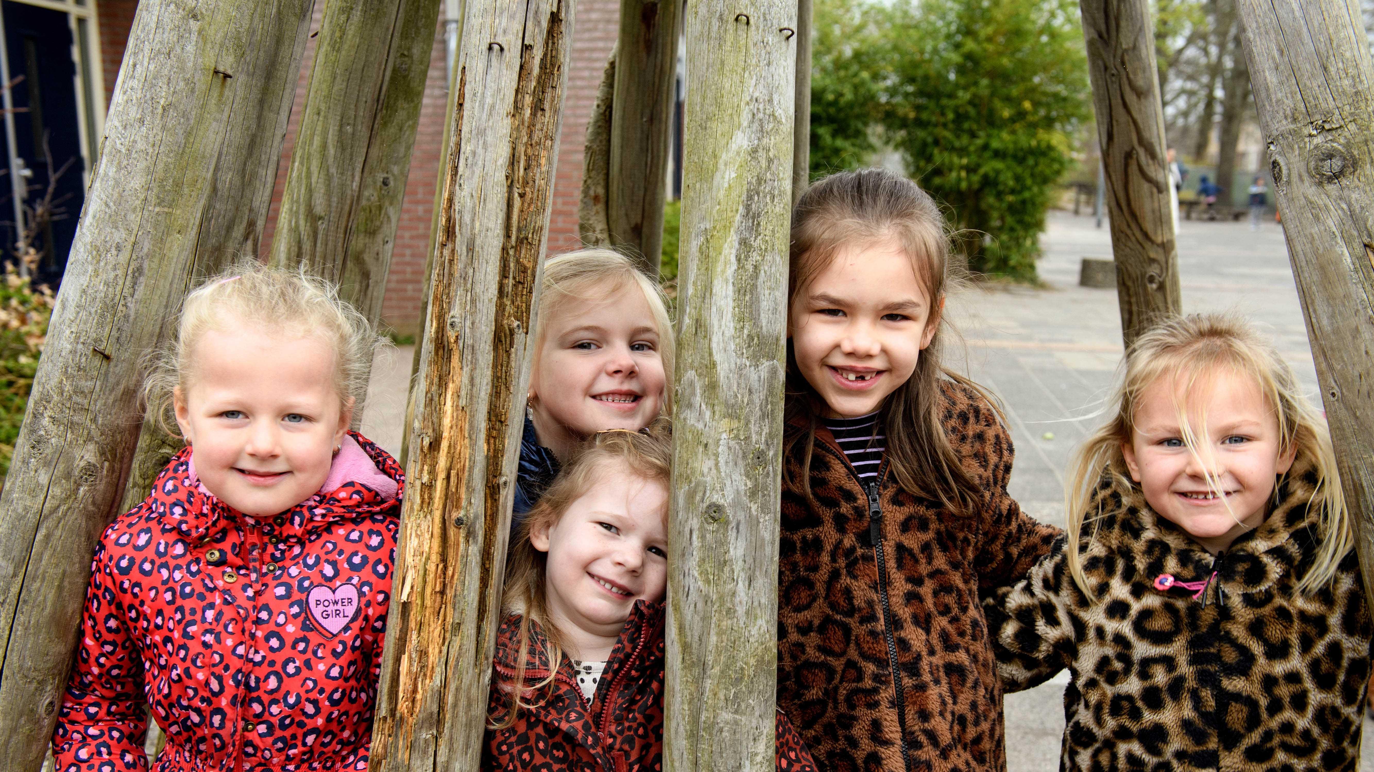 Vijf blije meisjes spelen op het schoolplein van Basisschool St Wulfram in Hoogwoud. Vijf blije meisjes spelen op het schoolplein van Basisschool St Wulfram in Hoogwoud.