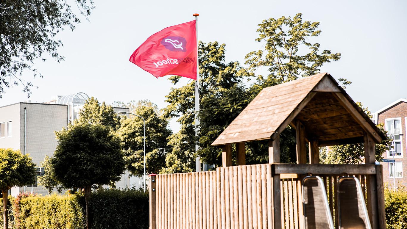 Vlag van de Paasbergschool in Ede met een playstructure op het schoolplein.